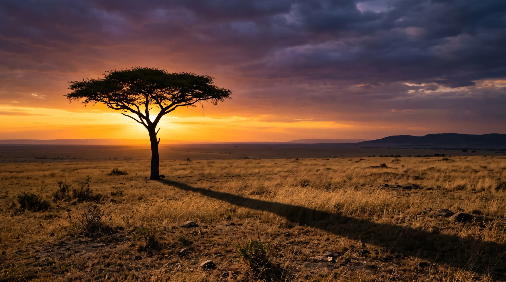 A wide-angle landscape photograph capturing a solitary flat-topped acacia tree silhouetted against a vibrant sunset over an open savanna plain. The sun rests directly behind the tree along the horizon, casting a long dark shadow across the dry yellow-brown grassland toward the foreground. Above, the sky transitions from bright orange and gold into deep purple clouds, with low rolling hills visible in the far distance.