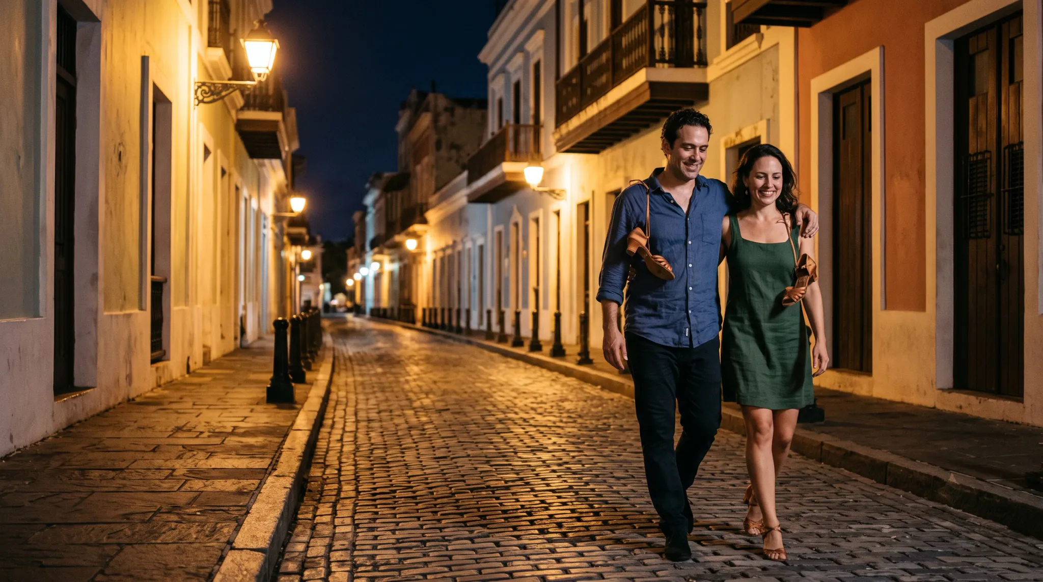 Two smiling adults walk arm-in-arm toward the camera along a narrow cobblestone pedestrian street lined with historic multi-story buildings, balconies, and glowing street lamps. The man wears a navy-blue long-sleeve shirt and dark trousers with a brown shoulder bag; the woman wears a green sleeveless knee-length dress, brown sandals, and carries a brown handbag.