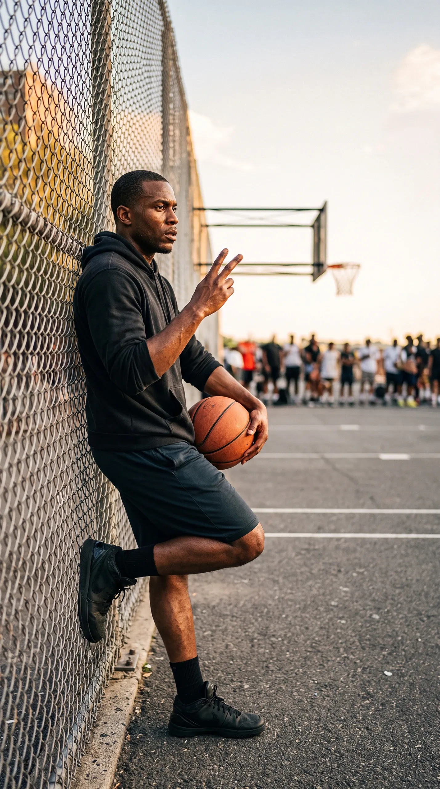 A man in black athletic hoodie and shorts leans against a chain-link fence on an outdoor urban basketball court, holding a basketball while gesturing with two fingers. In the background, other players gather beneath a basketball hoop on the asphalt court under an evening sky.