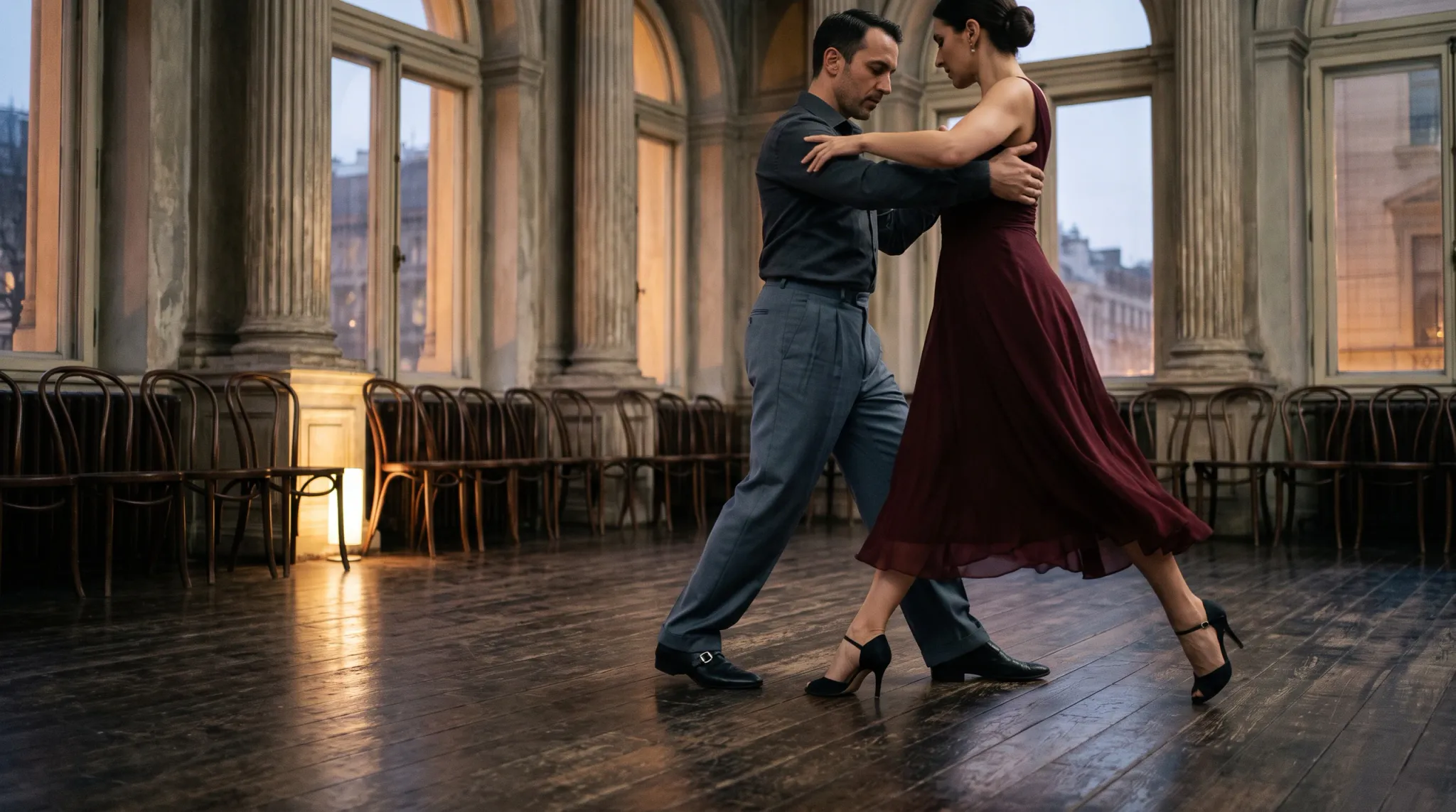 A man in a dark grey shirt and trousers and a woman in a burgundy dress dance Argentine tango in an elegant dance studio with wooden flooring, arched windows, and lined bentwood chairs.