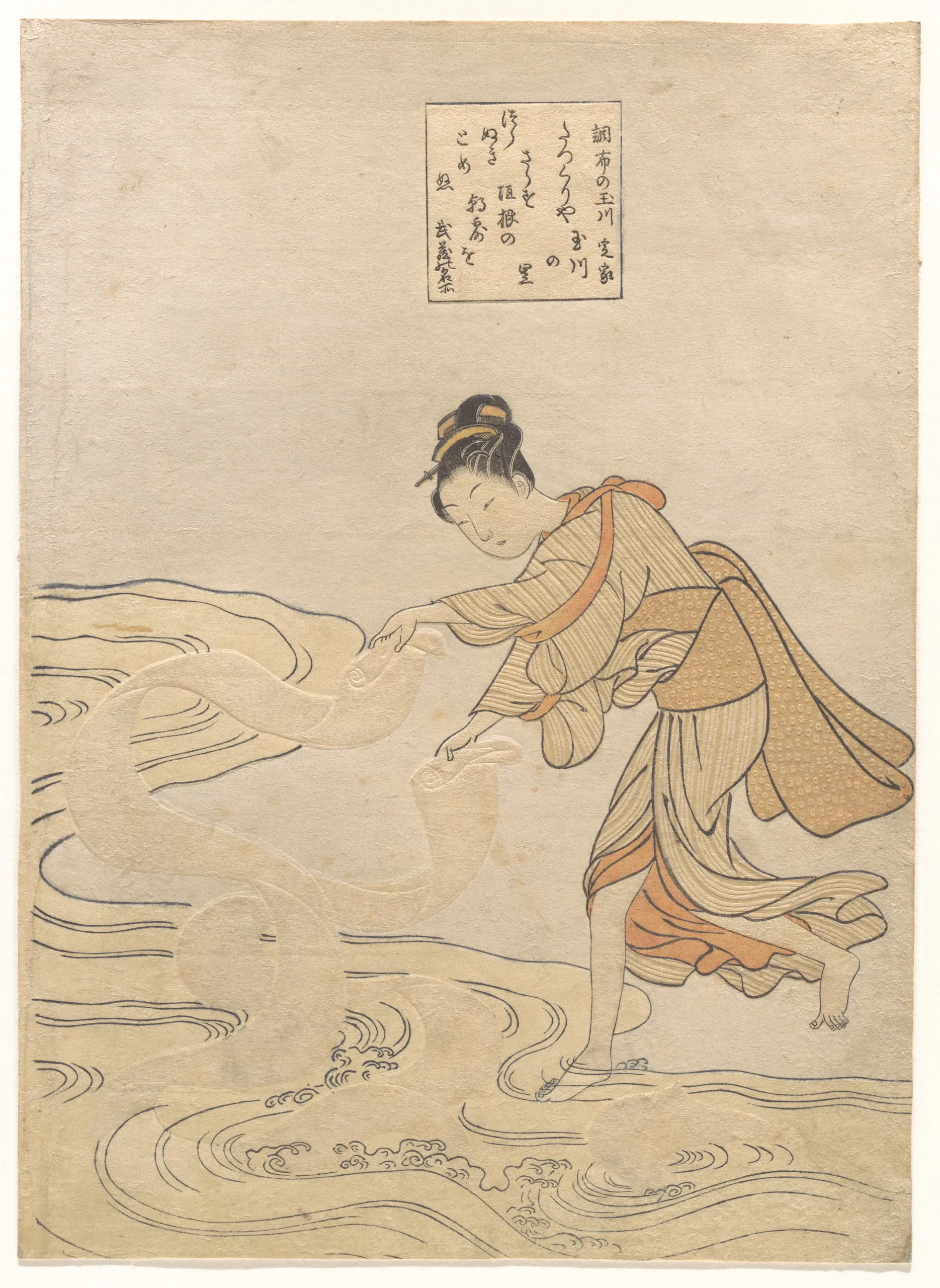 A single woman in a flowing patterned robe bends toward stylized shallow river water, one foot stepping into the stream. A bordered calligraphic cartouche appears above her in this muted Japanese woodblock-style image.