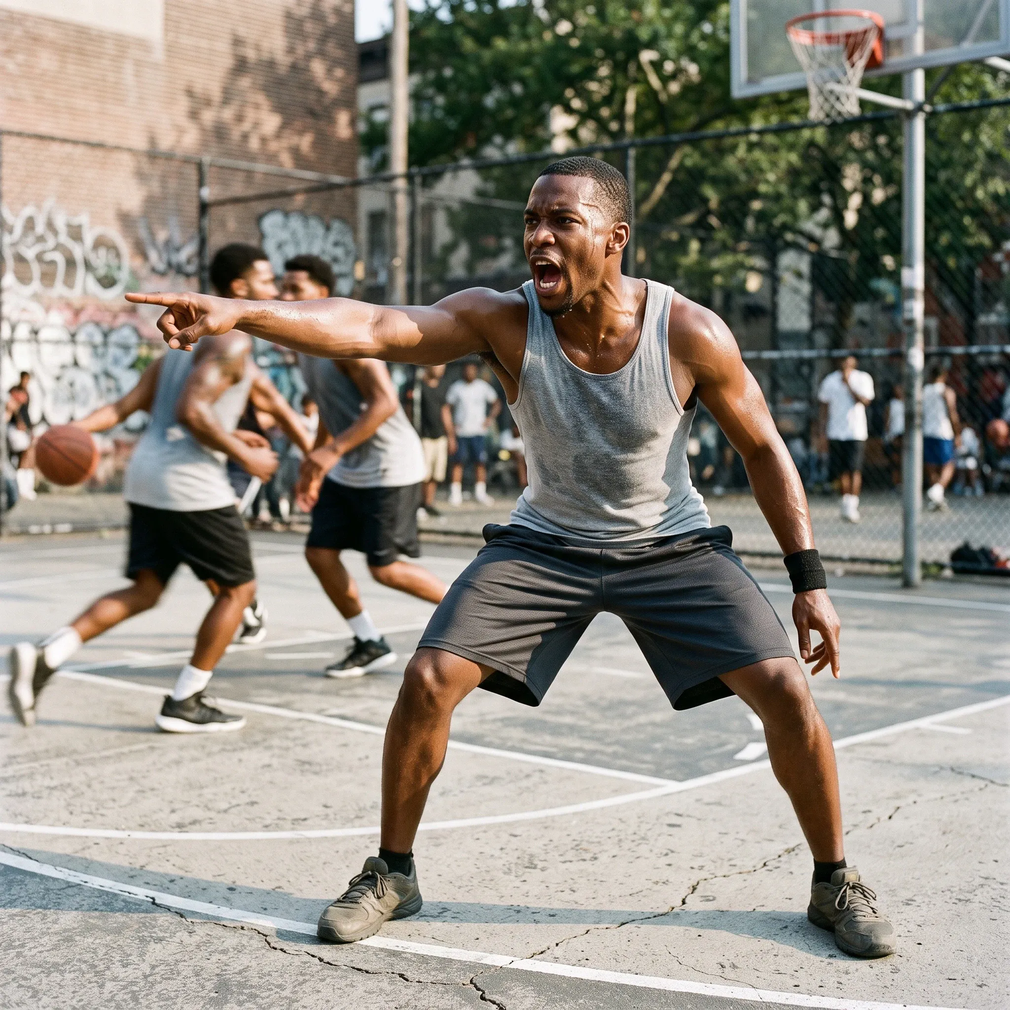 Three Black men play an intense game of basketball on an outdoor asphalt court surrounded by a chain-link fence. In the foreground, a heavily sweating man wearing a grey tank top and dark shorts crouches in a wide defensive stance, shouting and pointing forward with his right arm. Behind him, another man in similar clothing dribbles an orange basketball. Several blurred figures stand watching or walking in the background in front of a brick building with graffiti.