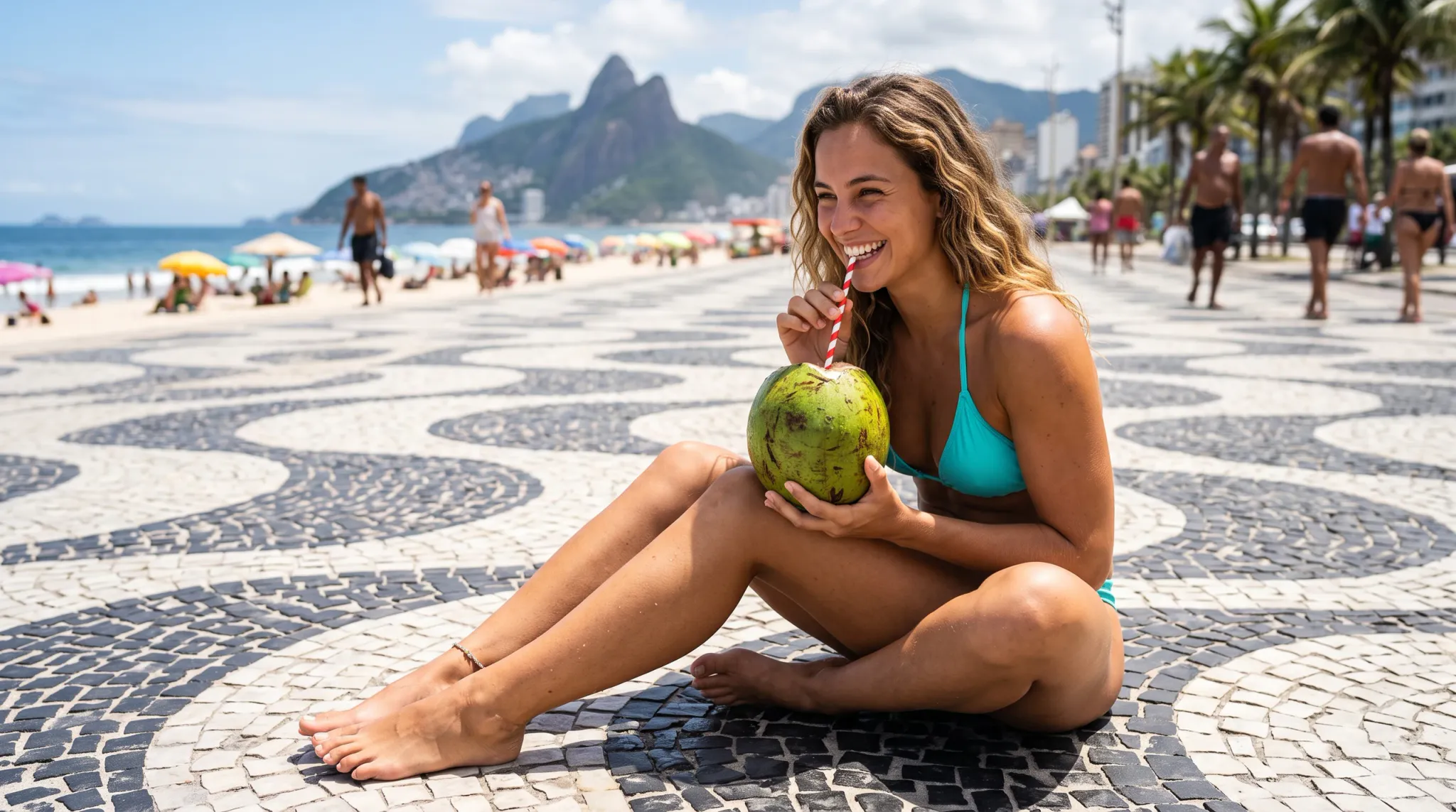 A smiling woman in a teal bikini sits barefoot on a black-and-white mosaic promenade beside a busy beach, holding and sipping from a green coconut through a red-and-white striped straw. Ocean, umbrellas, palm trees, beachgoers, and a mountainous coastal backdrop are visible in bright midday sunlight.