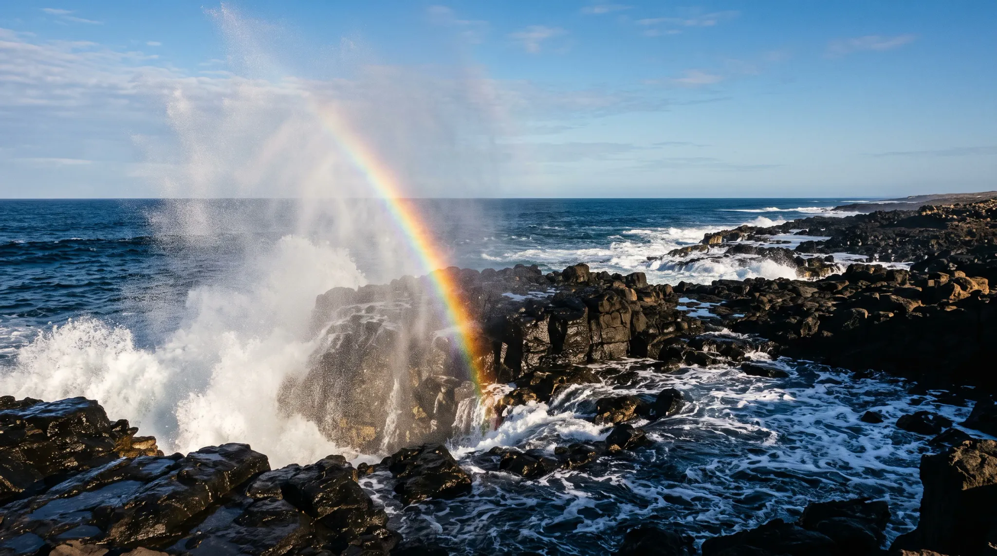 Wide coastal landscape showing dark volcanic-looking rocks, choppy blue ocean waves breaking against the rocky shore, a tall plume of sea spray, and a vivid rainbow descending through the spray. The horizon is level beneath a bright blue, partly cloudy sky.