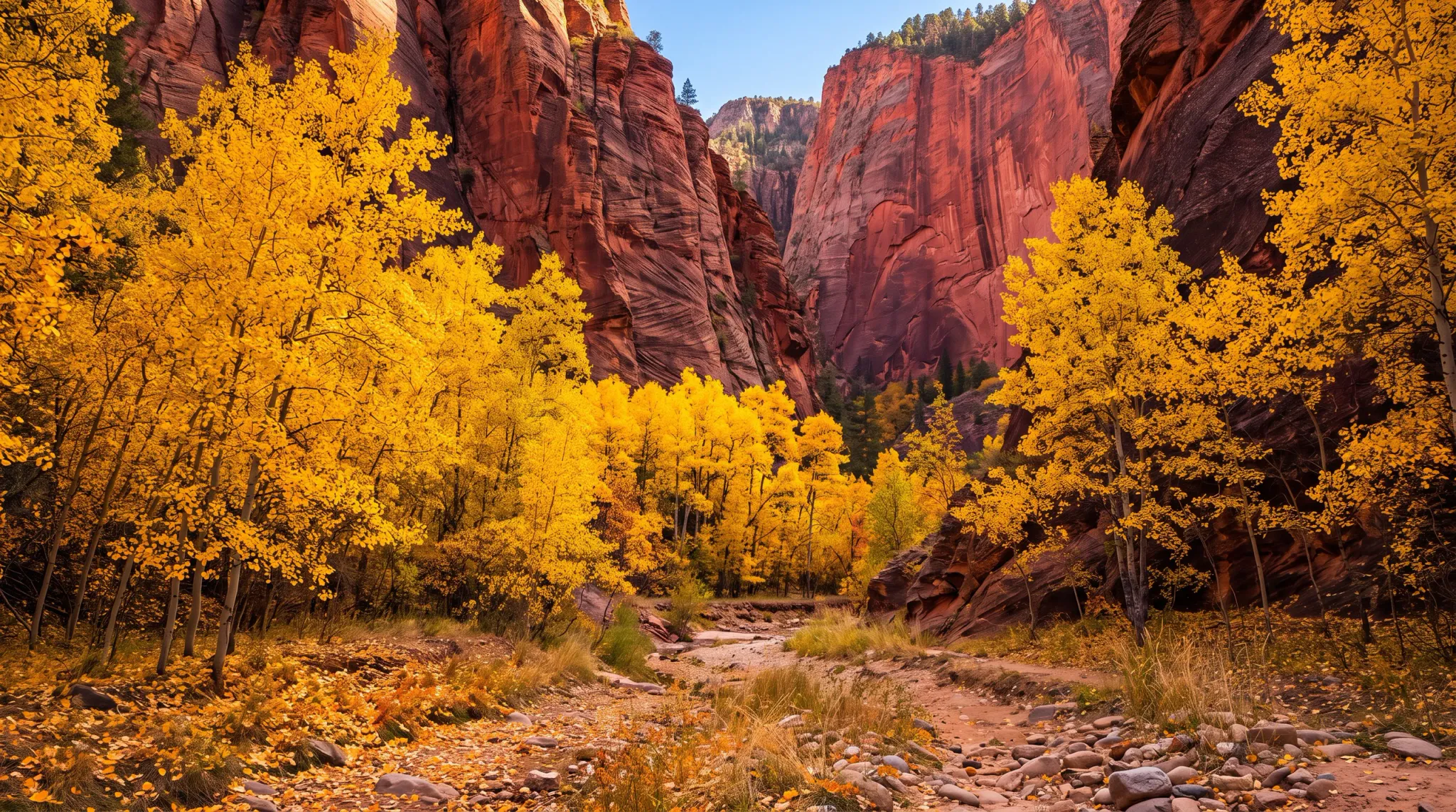 A dry, rocky stream bed winds through a deep canyon framed by towering red sandstone walls. Bright yellow autumn foliage on the trees lines both sides of the canyon floor under a clear blue sky, illuminated by direct sunlight.