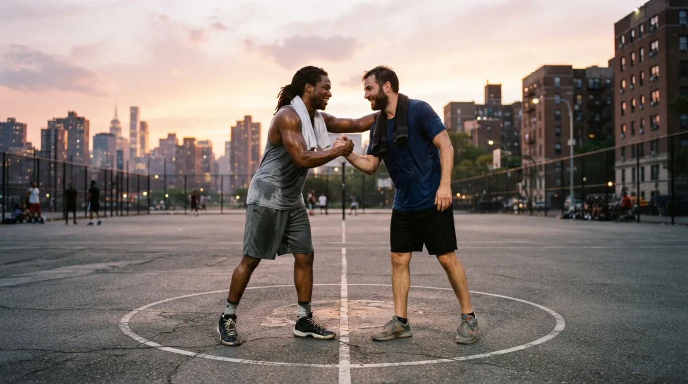 Two athletic men clasp hands in a friendly handshake at the center of an outdoor asphalt basketball court during sunset. The player on the left, with dreadlocks and a gray tank top, smiles broadly at the player on the right, who wears a navy t-shirt and black shorts. Both men have towels draped around their necks. In the background, city apartment buildings and skyscrapers rise beyond a chain-link fence under a warm dusk sky.