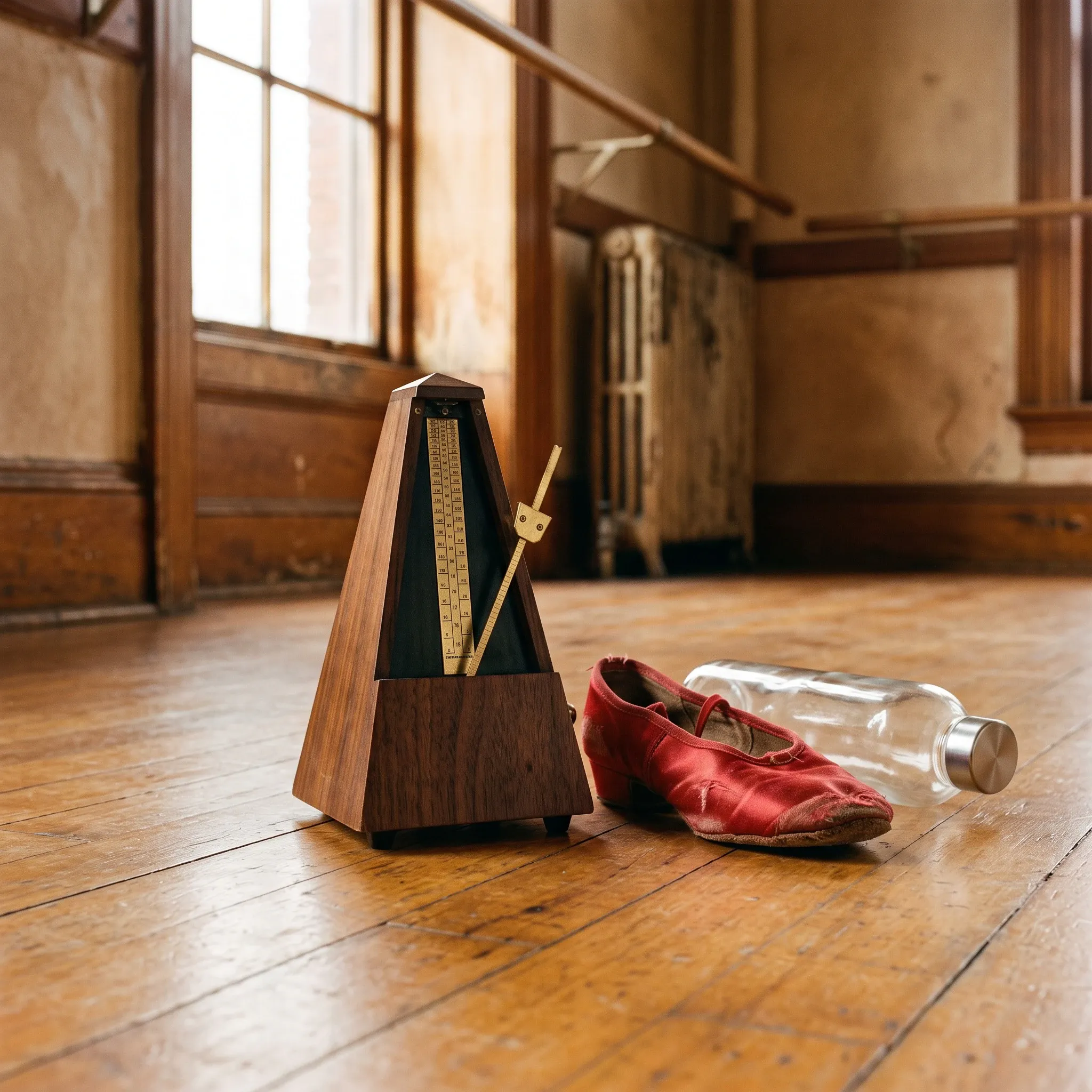 A wooden mechanical metronome with an exposed brass pendulum stands on a polished wooden floor next to a worn red satin dance shoe and a clear, empty water bottle lying on its side. In the background of the dance studio, a wooden ballet barre extends along the wall beside a window with soft natural side lighting.