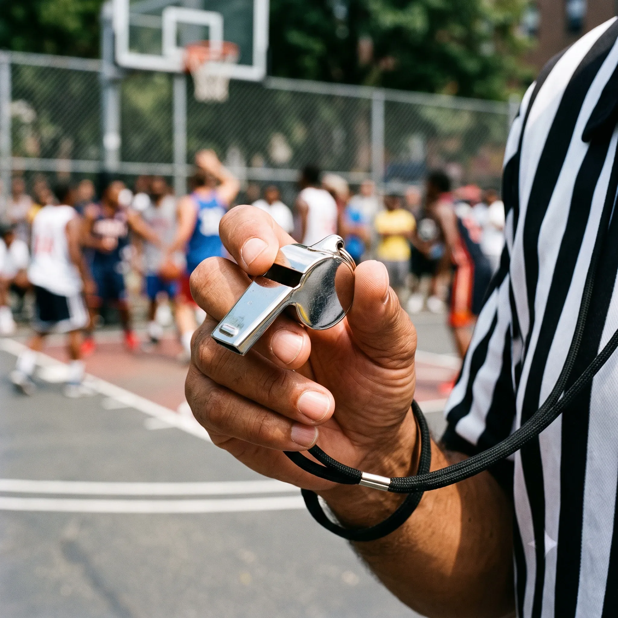 A close-up photograph focuses on the hand of a basketball referee holding a shiny silver metal whistle attached to a black lanyard. The referee is dressed in a classic black-and-white striped referee shirt. In the shallow-focus background, multiple basketball players and spectators are visible on an outdoor asphalt court with a basketball hoop and chain-link fence under bright daylight.