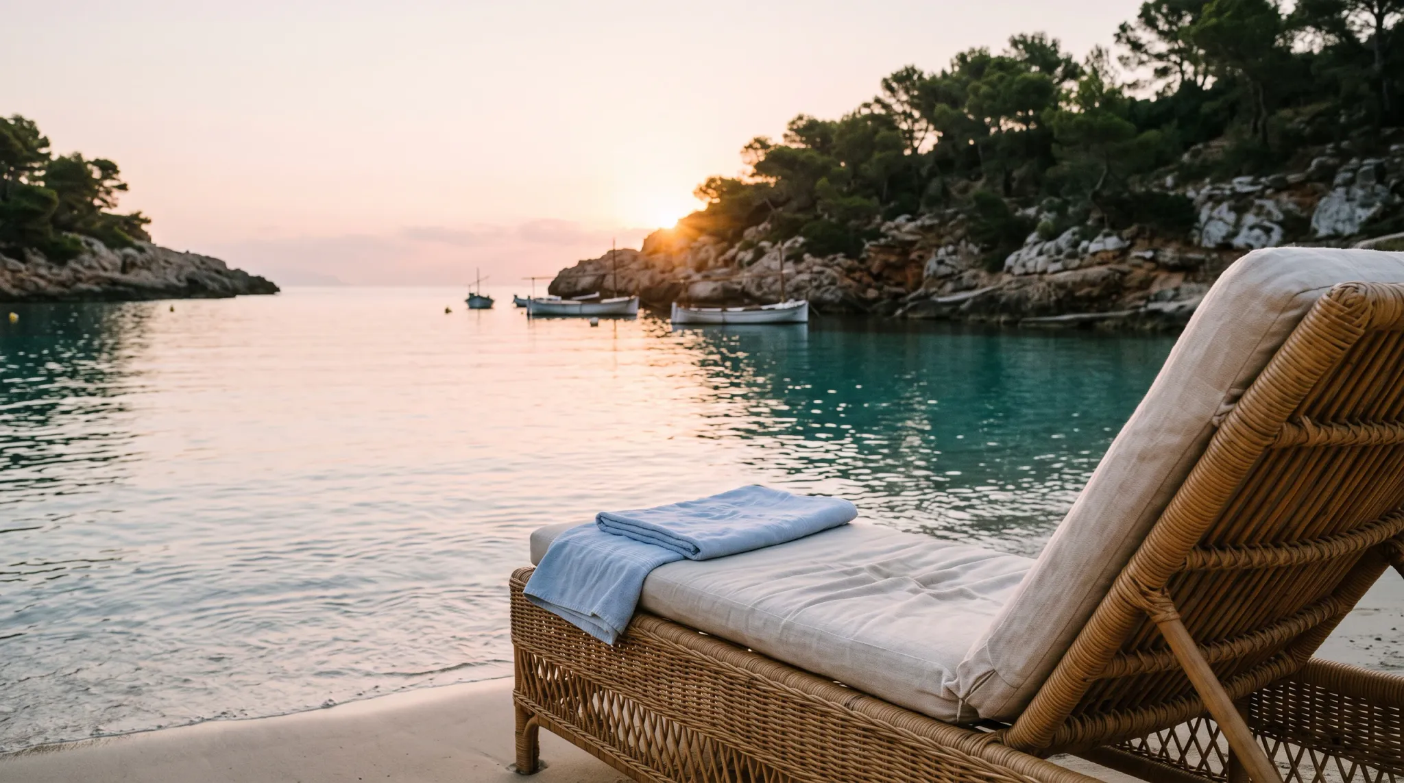 A serene early morning view of an empty woven wicker sun lounger with an off-white cushion and a folded light-blue towel set on the sand of a tranquil beach cove. The calm sea inlet is framed by rocky Mediterranean cliffs topped with pine trees, with small wooden boats moored on the water and the warm sun rising just above the ridge.