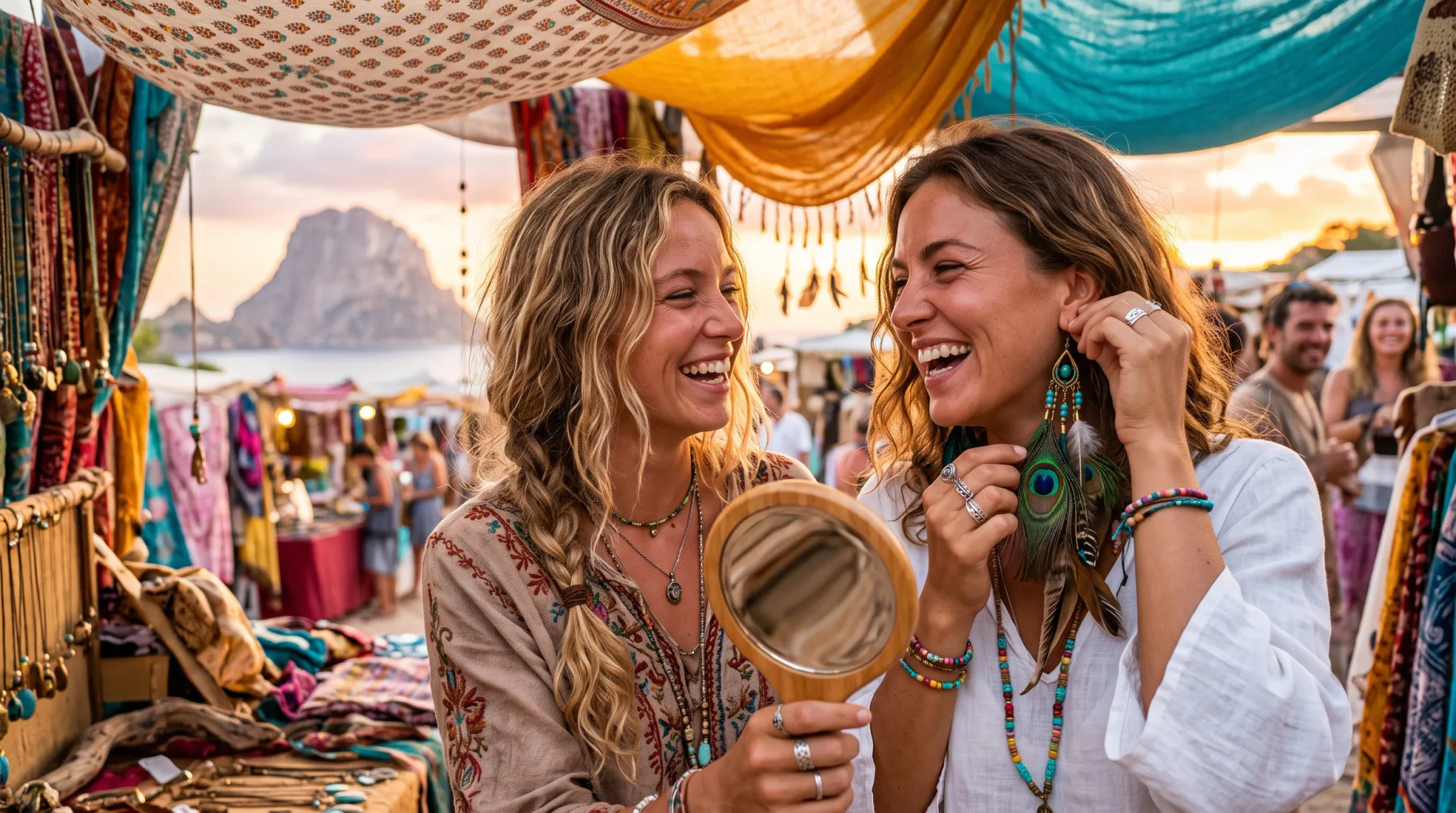 Two cheerful young women smile and laugh together at an outdoor bohemian artisan market at sunset. One woman with blonde braided hair holds a round wooden mirror for her friend, who holds up an elaborate green and blue peacock feather earring to her ear. Colorful draped textiles hang above the stall, with an island sea stack or mountain visible in the background.