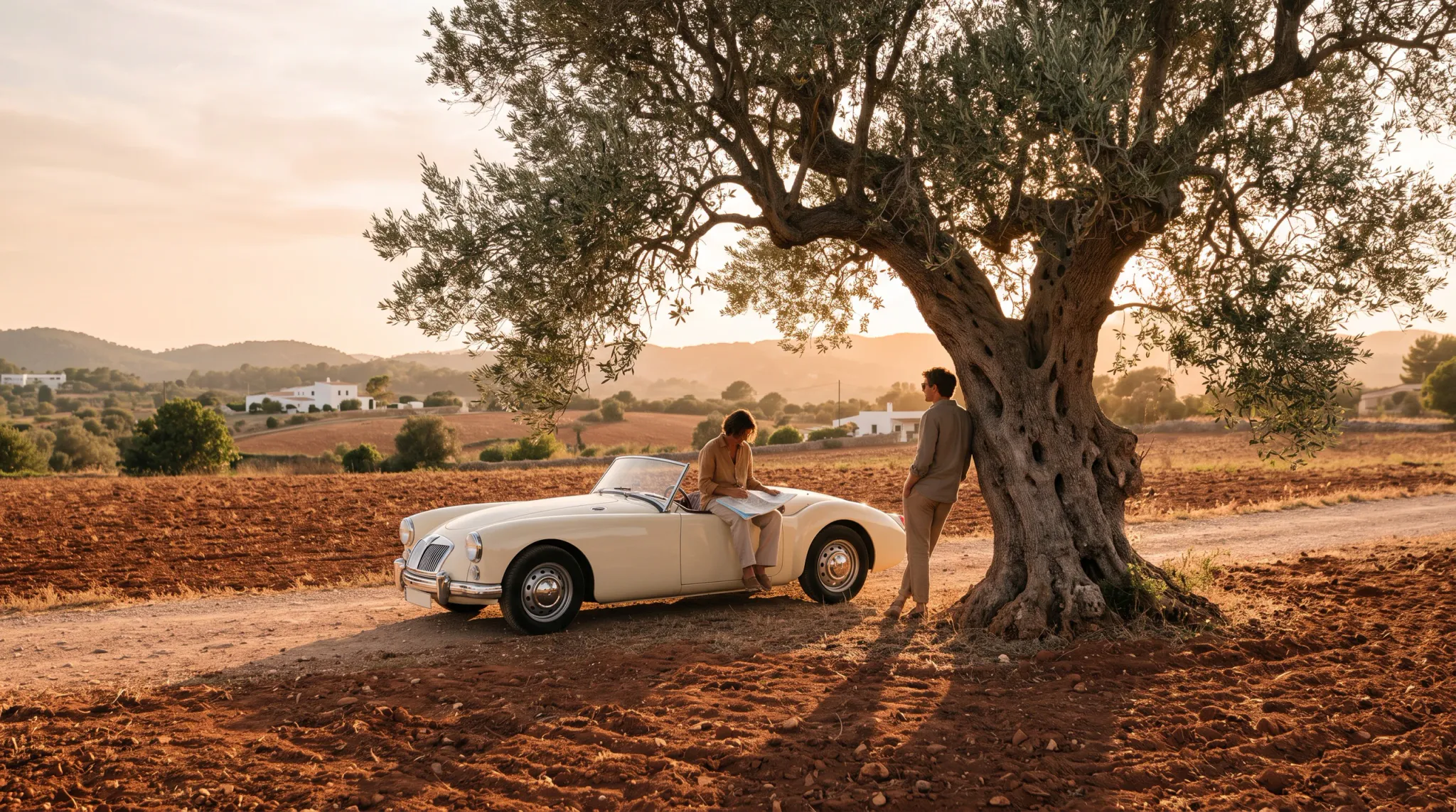 A woman sits in a cream vintage convertible reading a paper map while a man stands beside her, leaning against a large olive tree. They are in a rural cultivated landscape with reddish soil, dirt tracks, distant white houses, rolling hills, and warm sunset light.