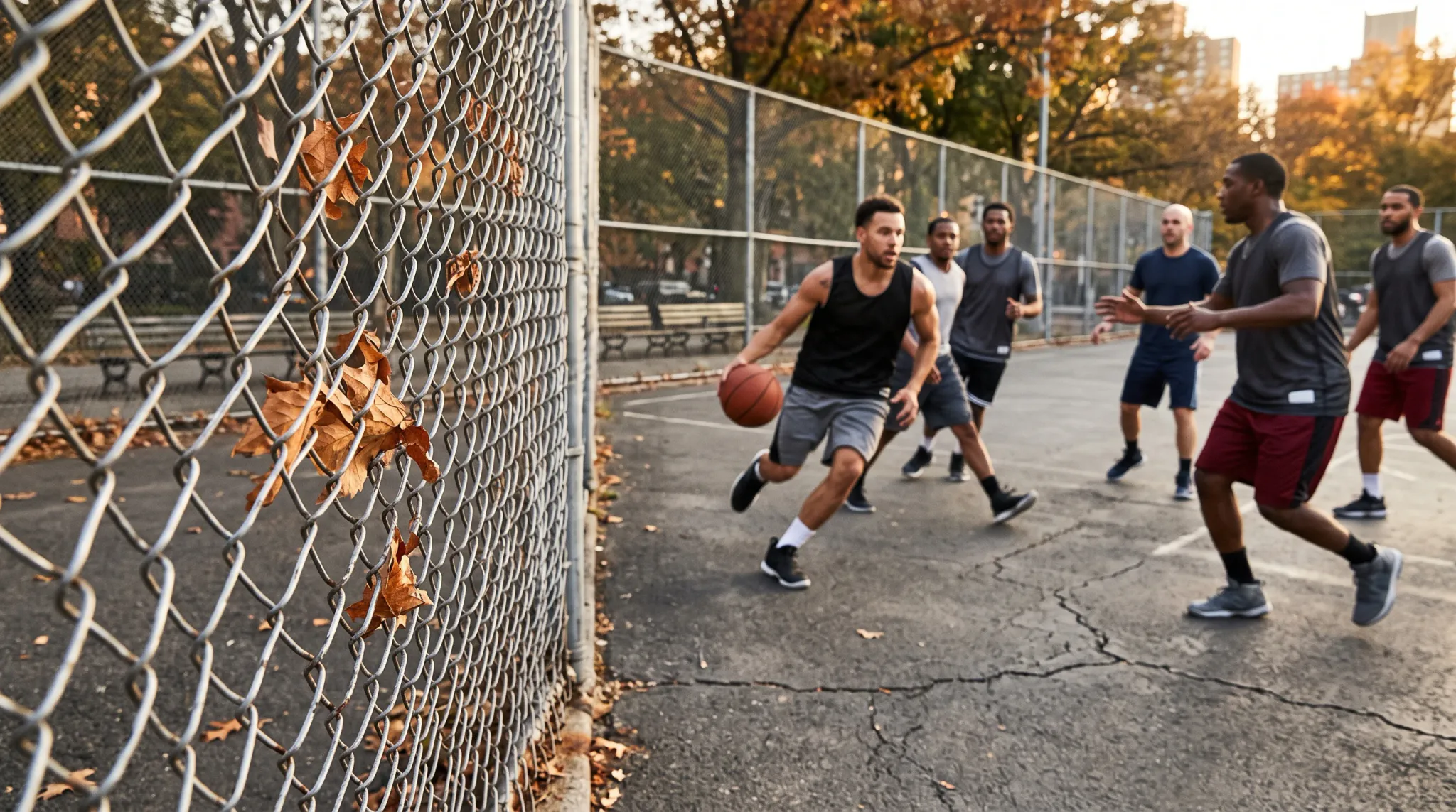 An outdoor pickup basketball game taking place on an asphalt urban court during late afternoon. In the foreground, a chain-link fence with dry autumn leaves frames the shot. A male basketball player in a black tank top and grey shorts drives towards the basket while dribbling an orange basketball, closely guarded by a defender in a grey t-shirt and maroon shorts. Four other teammates and opponents follow the play in the background under warm golden sunlight.