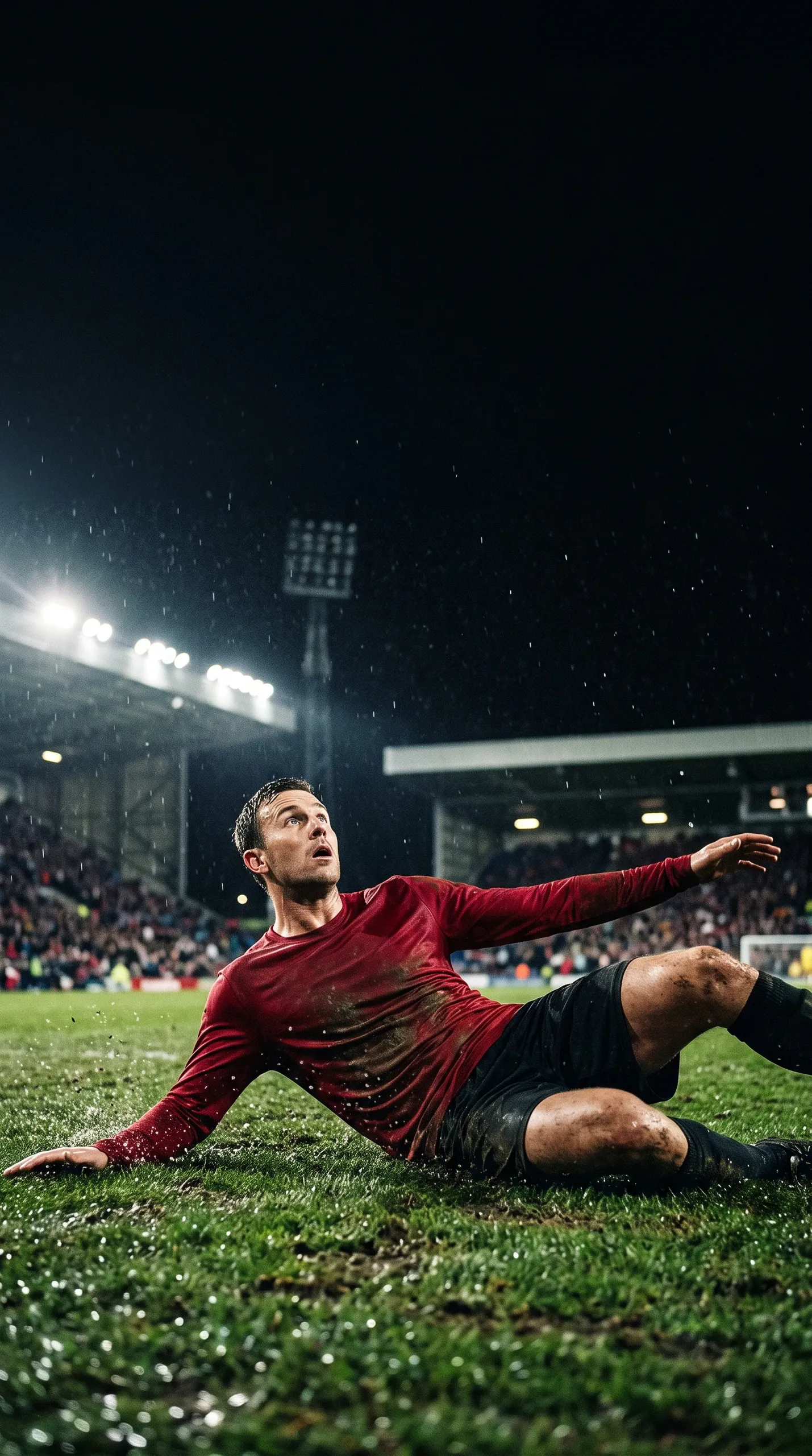 A male soccer player in a red long-sleeve shirt and black shorts slides or falls across wet grass during a nighttime match. Rain droplets, bright stadium floodlights, blurred spectators, and the stadium structure fill the background.