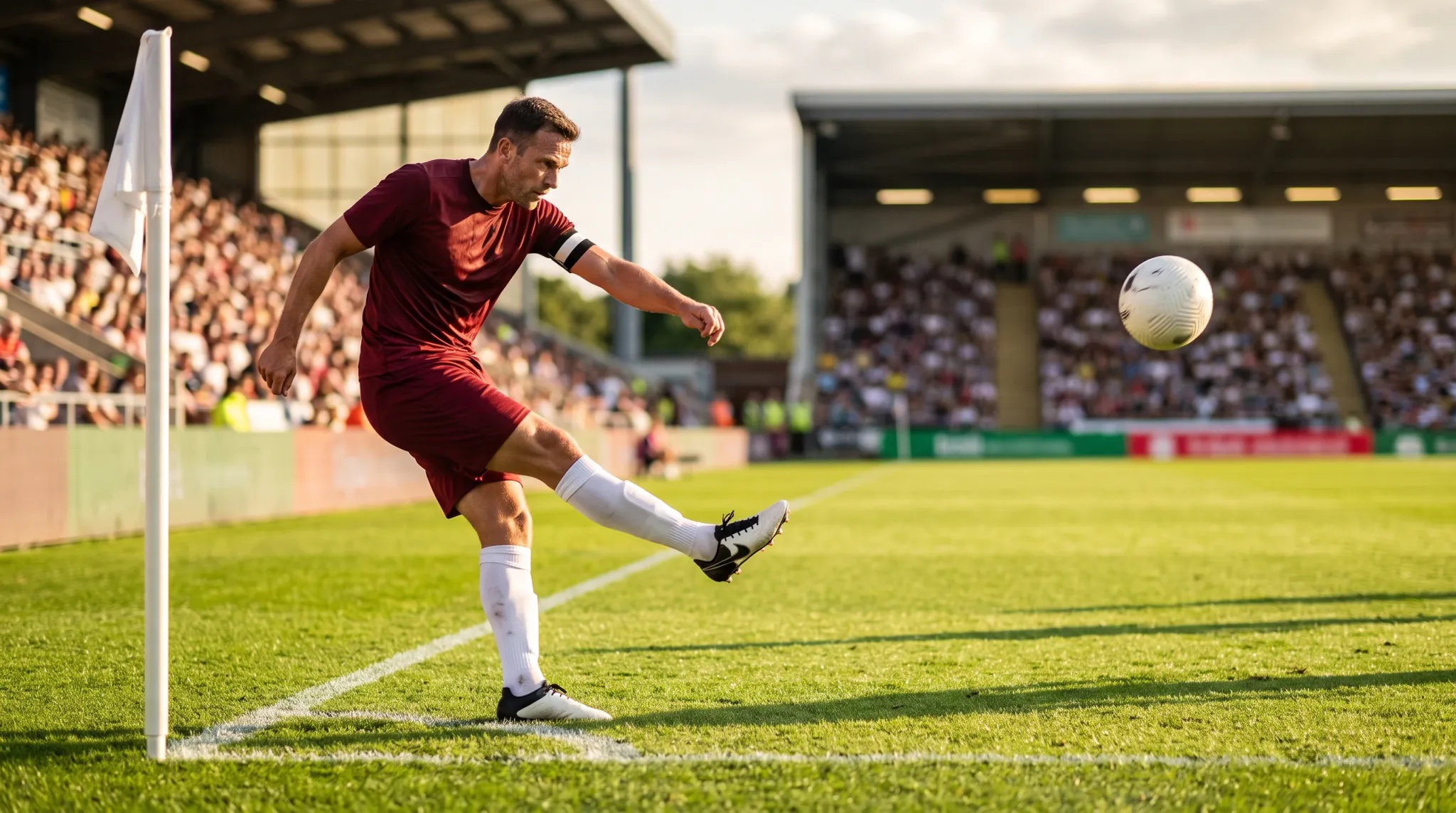A male soccer player wearing a maroon kit, white socks, and cleats follows through after kicking a soccer ball from the corner flag area. The ball is in mid-air in front of him against a backdrop of a sunlit stadium grandstand filled with spectators.