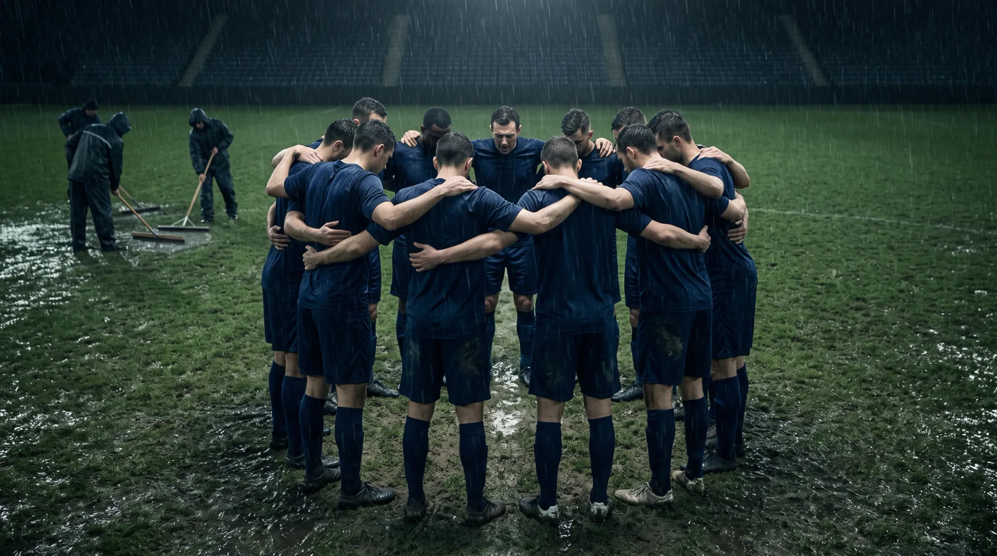 A group of eleven soccer players in matching navy kits stand shoulder-to-shoulder in a tight circular huddle on a muddy grass field during heavy rain. Two groundskeepers in dark rain gear work in the background with long-handled maintenance tools. The image has a dark, somber, cinematic atmosphere and a wide eye-level view.