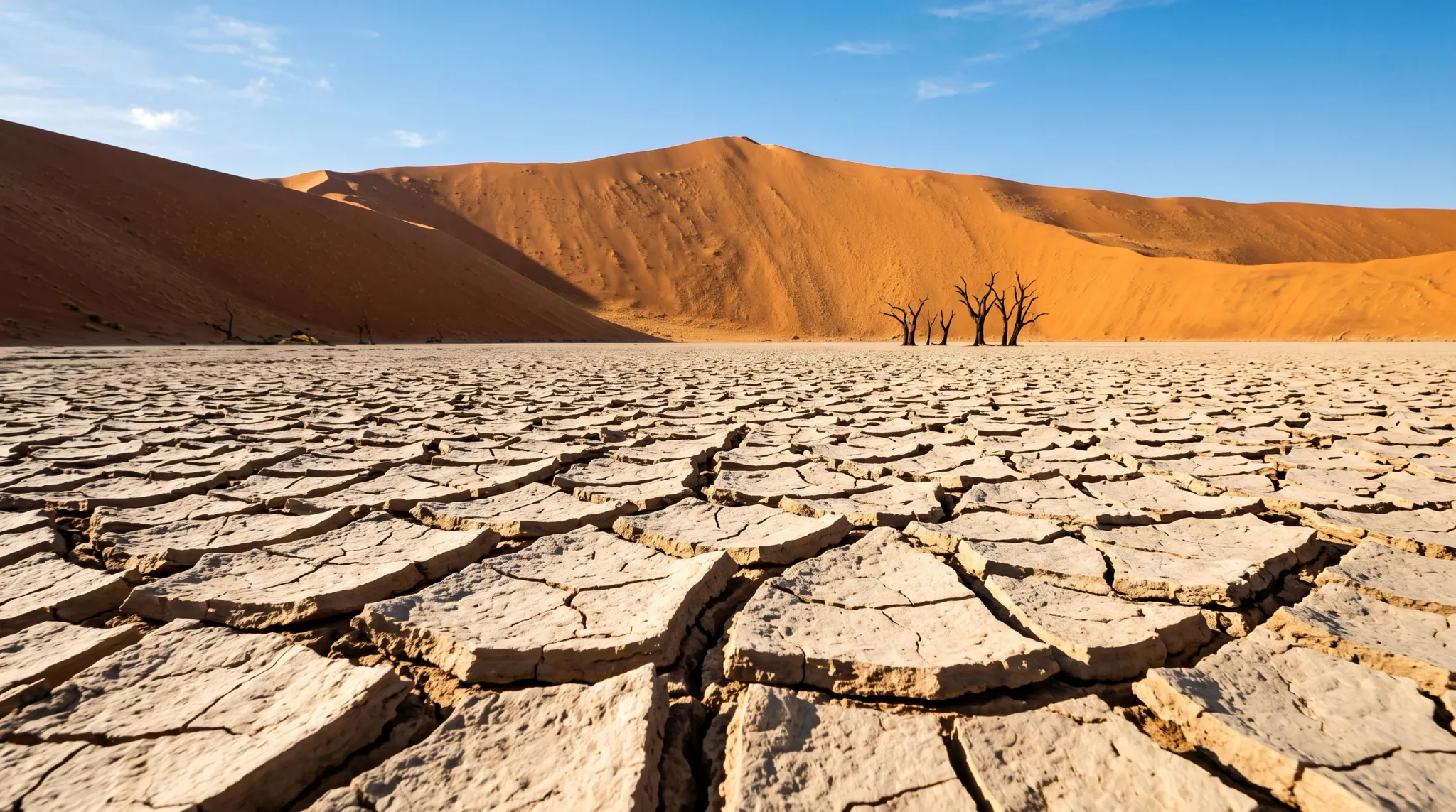 A dramatic low-angle view across a parched, deeply cracked pale clay pan in an arid desert basin. Several bare, dead trees stand clustered in the middle ground, while a massive glowing orange and red sand dune rises steeply in the background under direct midday sunlight and a clear blue sky.