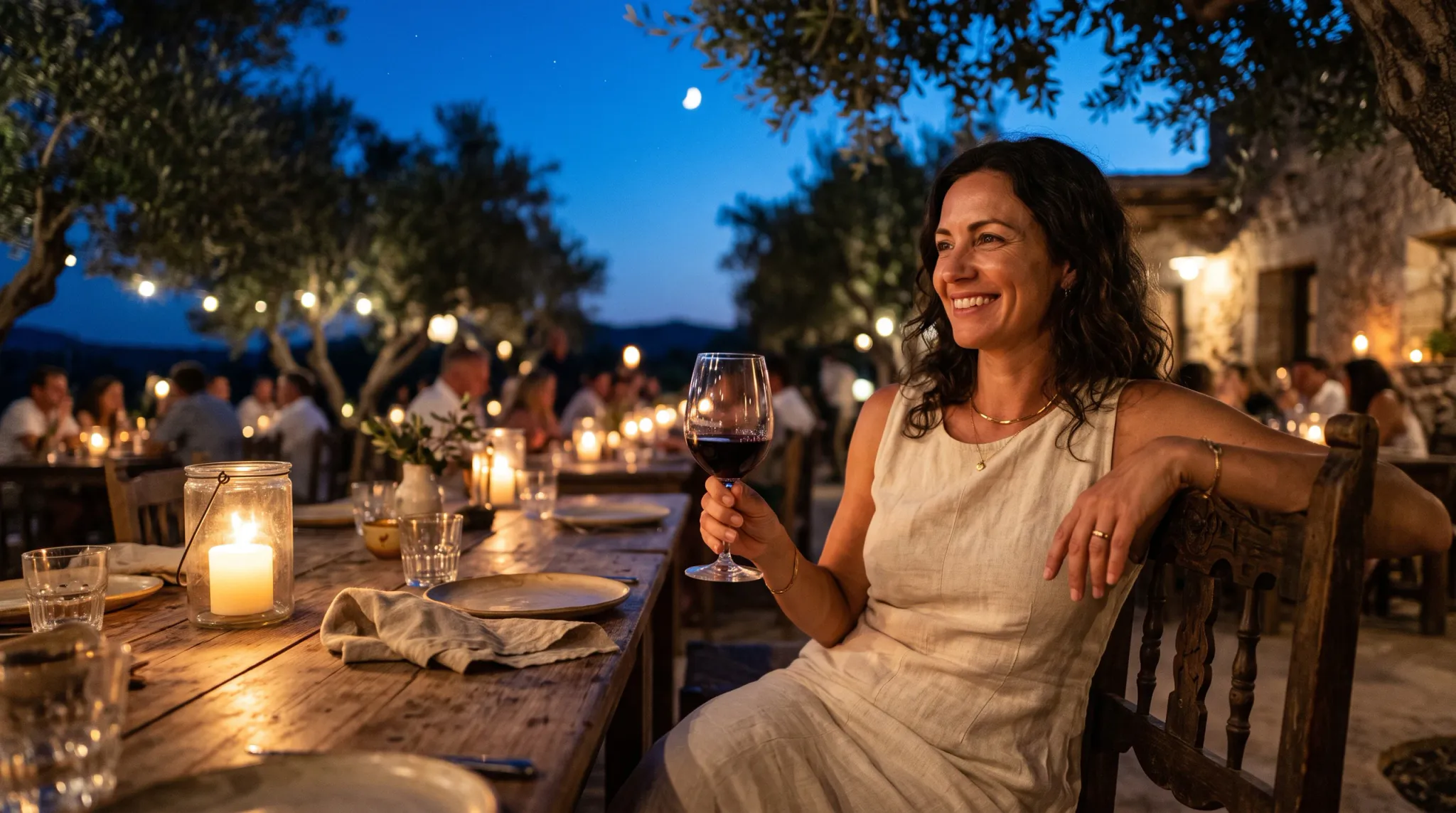 A smiling woman sits at a rustic wooden table during an outdoor evening dinner under an olive grove at dusk, holding a glass of red wine while bathed in warm candlelight beneath a crescent moon.