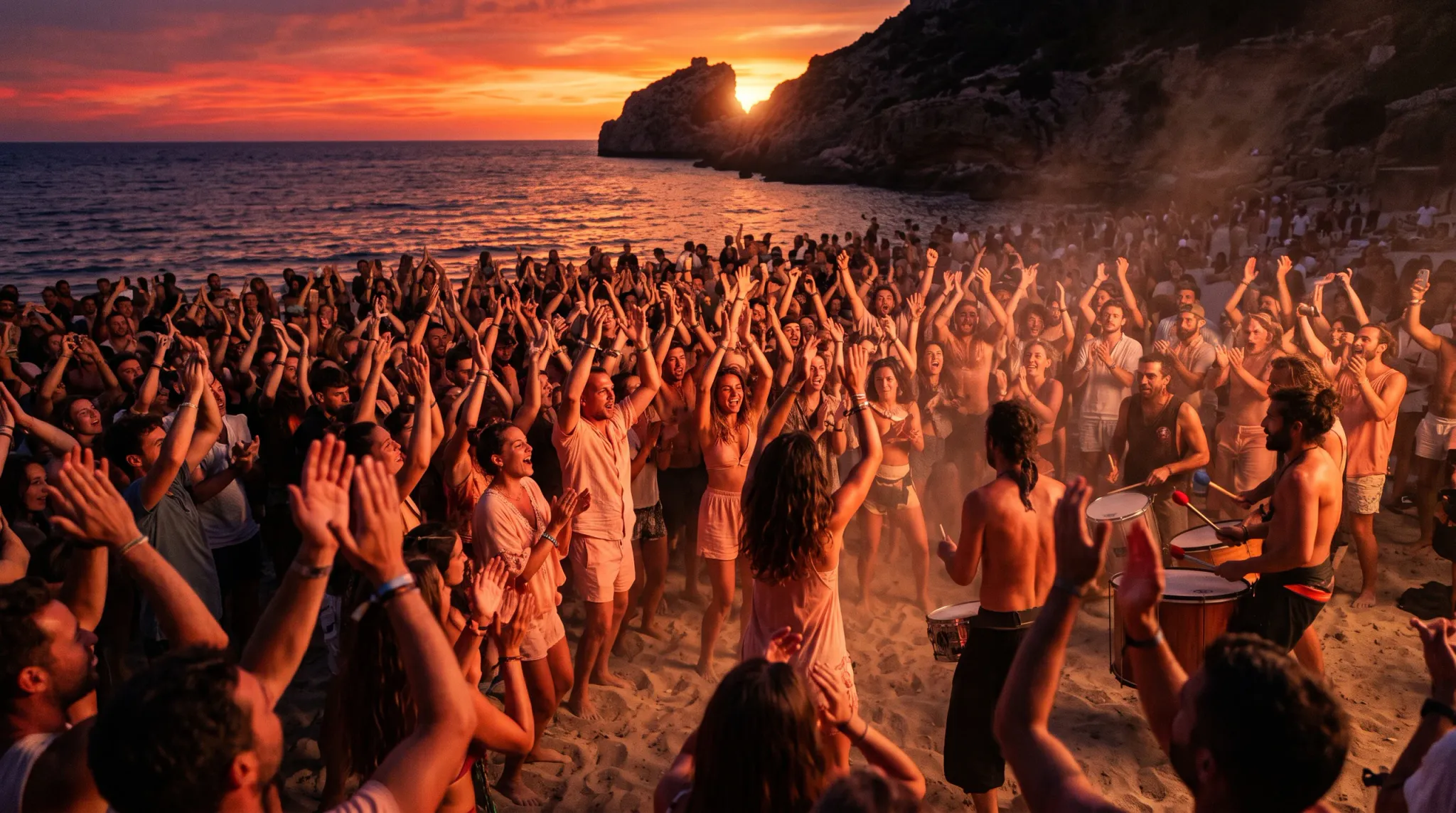 A lively crowd gathers on a sandy beach cove at sunset, cheering, dancing, and raising their hands around drummers playing acoustic drums as the sun dips behind coastal rock cliffs over the sea.