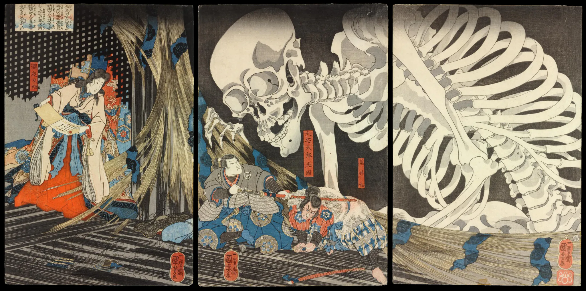 A richly colored Japanese woodblock-style triptych shows a woman in ornate robes reading a long paper scroll beside a towering skeletal apparition, while two traditionally dressed men kneel and bend in the foreground. The composition uses dramatic black, cream, blue, red, and gold tones with dense decorative patterning and wooden architectural elements.