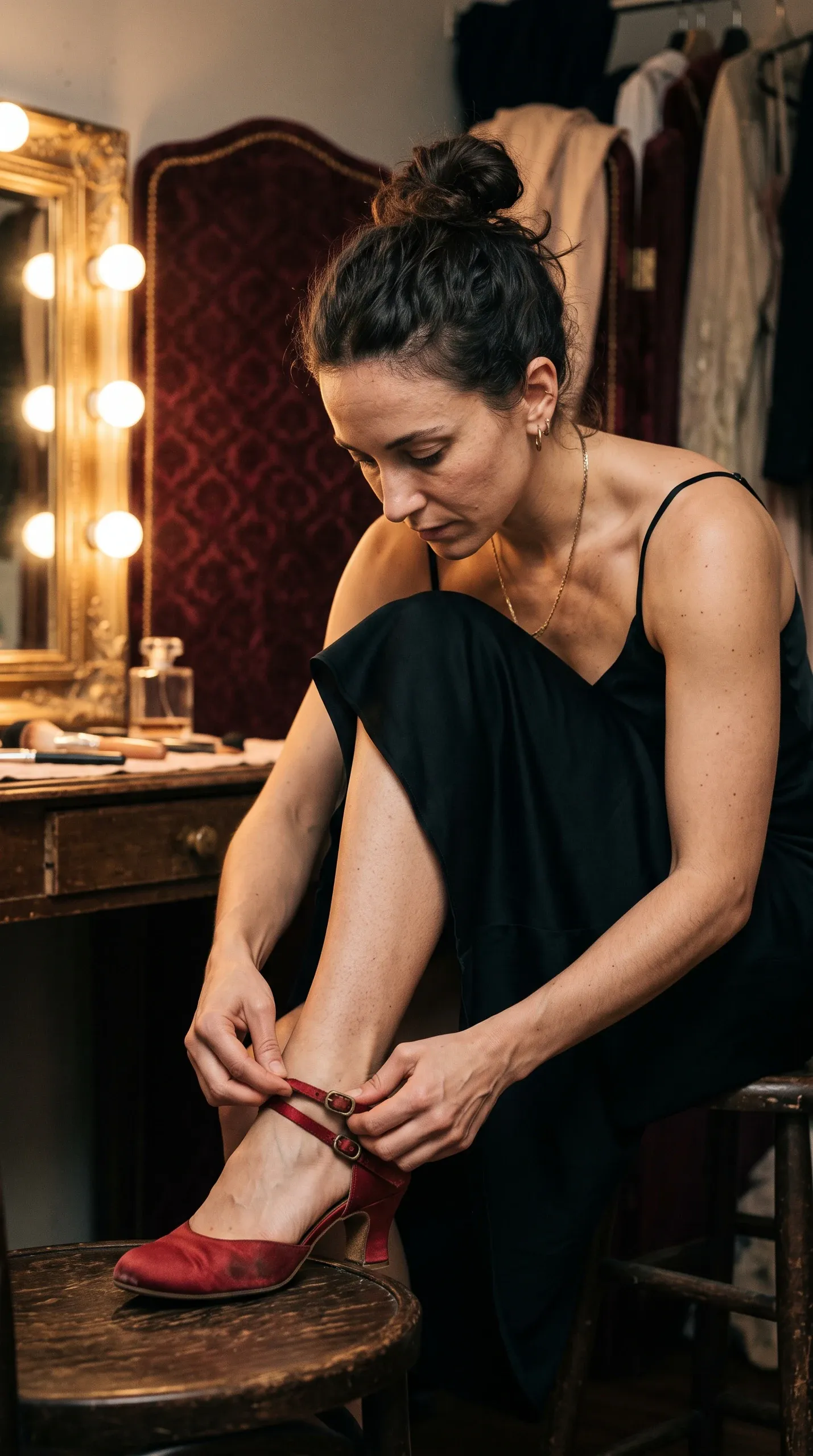 A woman in a black slip dress leans forward in a dressing room to fasten the ankle strap of a red satin heel resting on a round wooden stool. Her dark hair is styled in a high bun, and she wears a delicate gold necklace and hoop earrings. In the softly lit background, a vintage wooden vanity table features a mirror framed by glowing incandescent light bulbs and makeup supplies.