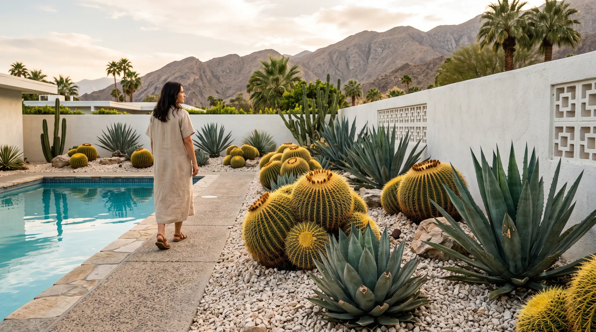 A woman in a beige short-sleeved midi dress and brown flat sandals walks along a concrete path beside a swimming pool. Adjacent to the walkway, a xeriscape bed filled with white gravel features several round golden barrel cacti and blue agaves along a white decorative breeze-block wall, with palm trees and a mountain range visible under an afternoon sky.