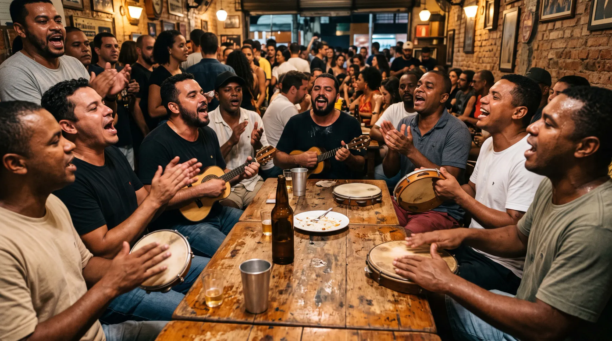 A lively, crowded indoor bar or pub packed with people gathered around a worn wooden table. Several foreground men sing, laugh, clap, and play acoustic guitars and handheld frame drums, while beer bottles, glasses, plates, and metal cups sit on the table. Warm pendant lighting, exposed brick walls, framed pictures, and a busy convivial atmosphere fill the background.