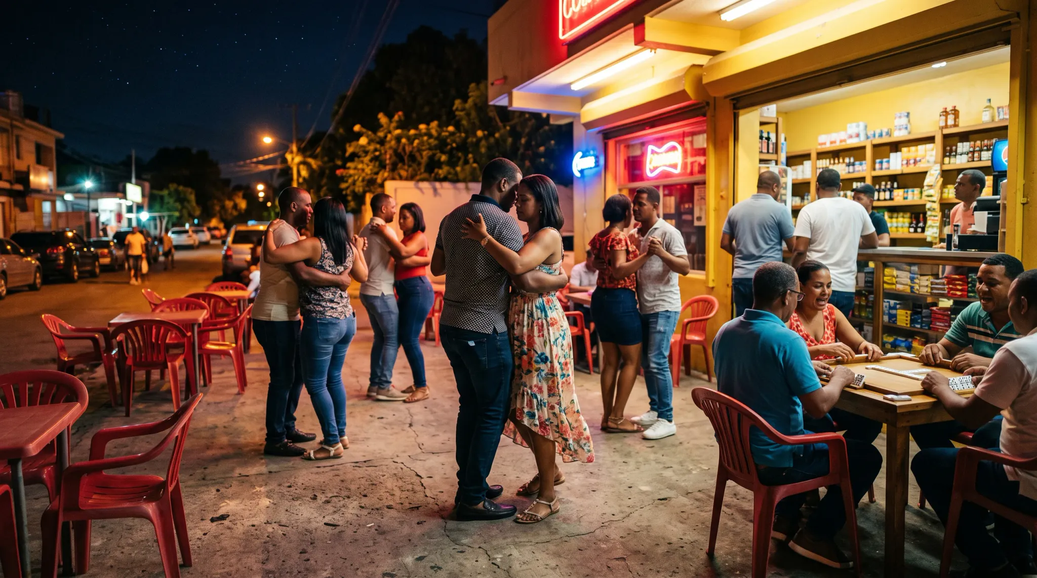 A lively nighttime street scene outside a brightly illuminated convenience store. Several adult-looking people dance in pairs on the concrete sidewalk, while other patrons stand near the shelves or sit around a wooden table with red plastic chairs. Neon signage, parked cars, trees, and warm storefront lighting create a festive neighborhood atmosphere.