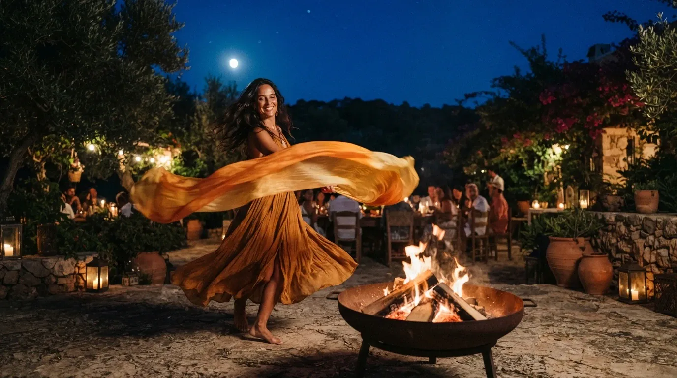 A barefoot woman with long dark wavy hair twirls joyfully on a stone-paved terrace, her voluminous orange/amber maxi dress dramatically billowing outward as she spins. A large metal fire pit with open flames burns in the foreground right. Behind her, a group of guests are seated at candlelit outdoor dining tables framed by olive trees, bougainvillea, terracotta pots, and string lights. A full moon hangs in a deep blue night sky. The setting has a rustic Mediterranean feel with stone walls, lanterns, and warm ambient lighting.