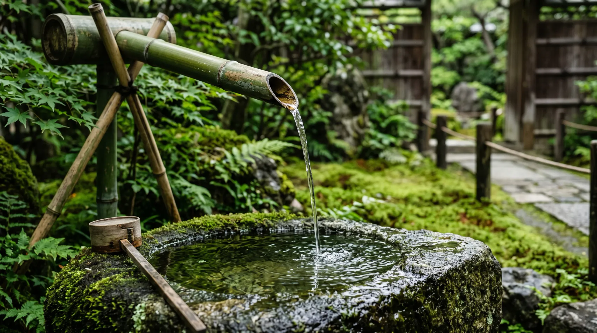 A close-up view of a traditional Japanese tsukubai water feature set within a serene garden. Clear water steadily pours from a cylindrical bamboo spout into an ancient, moss-draped stone water basin, creating gentle ripples on the water's surface. A handcrafted wooden water ladle (hishaku) rests upon the basin's weathered stone rim. In the softly blurred background, lush green moss, delicate Japanese maple foliage, and a stone path flanked by a rustic bamboo fence complete the tranquil garden landscape.