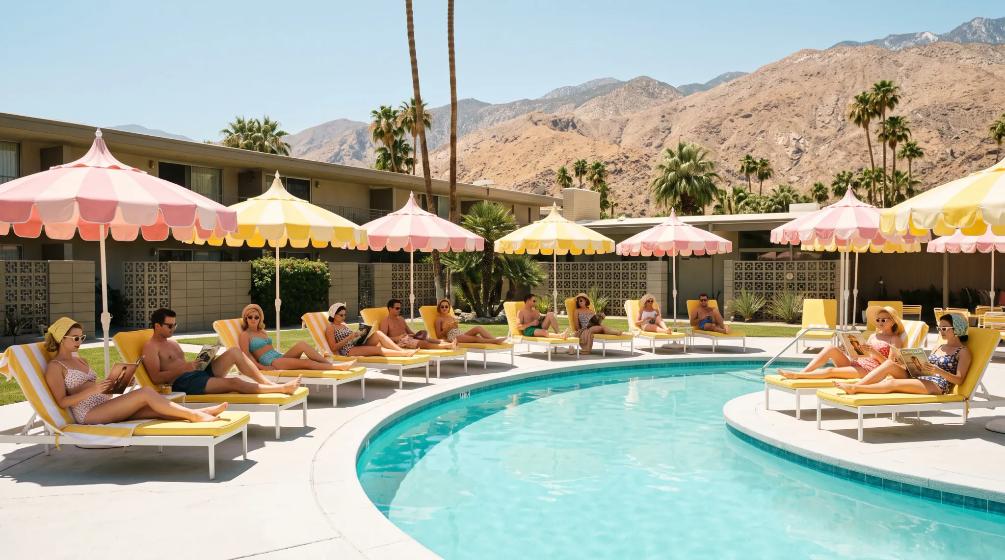 A retro-styled poolside scene at a mid-century modern resort with desert mountains and palm trees in the background. A group of adults in vintage swimwear relax on yellow lounge chairs arranged around a curved swimming pool under pastel pink-and-white and yellow-and-white scalloped parasols. Several people are sunbathing, reading magazines, or wearing sunglasses and sun hats in bright daylight.