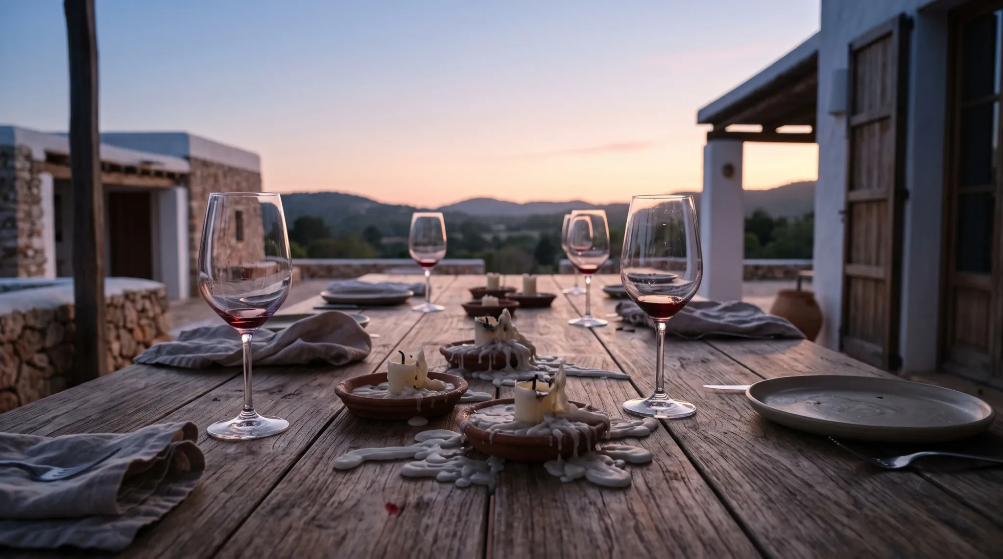 A low-angle view across a rustic wooden dining table on an open outdoor terrace during sunset. Several wine glasses containing small amounts of red wine stand along the table alongside melted candles set in shallow terracotta dishes with wax pooling onto the wood. In the background, rolling rural hills extend beneath a pastel dusk sky, framed by whitewashed and stone villa architecture.