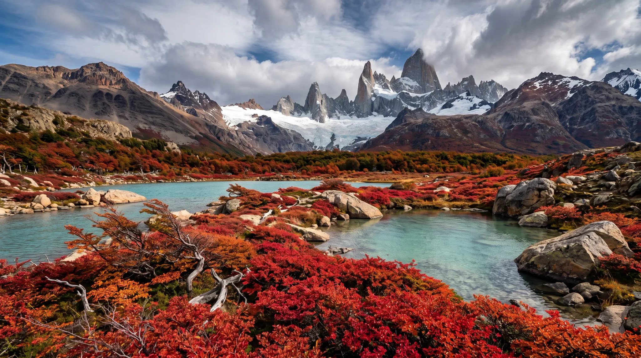 A panoramic wilderness landscape shows a turquoise mountain lake and rocky stream-like foreground surrounded by vivid red and orange autumn shrubs. A broad glacier and dramatic jagged, snow-covered mountain range rise in the background beneath partly cloudy skies.
