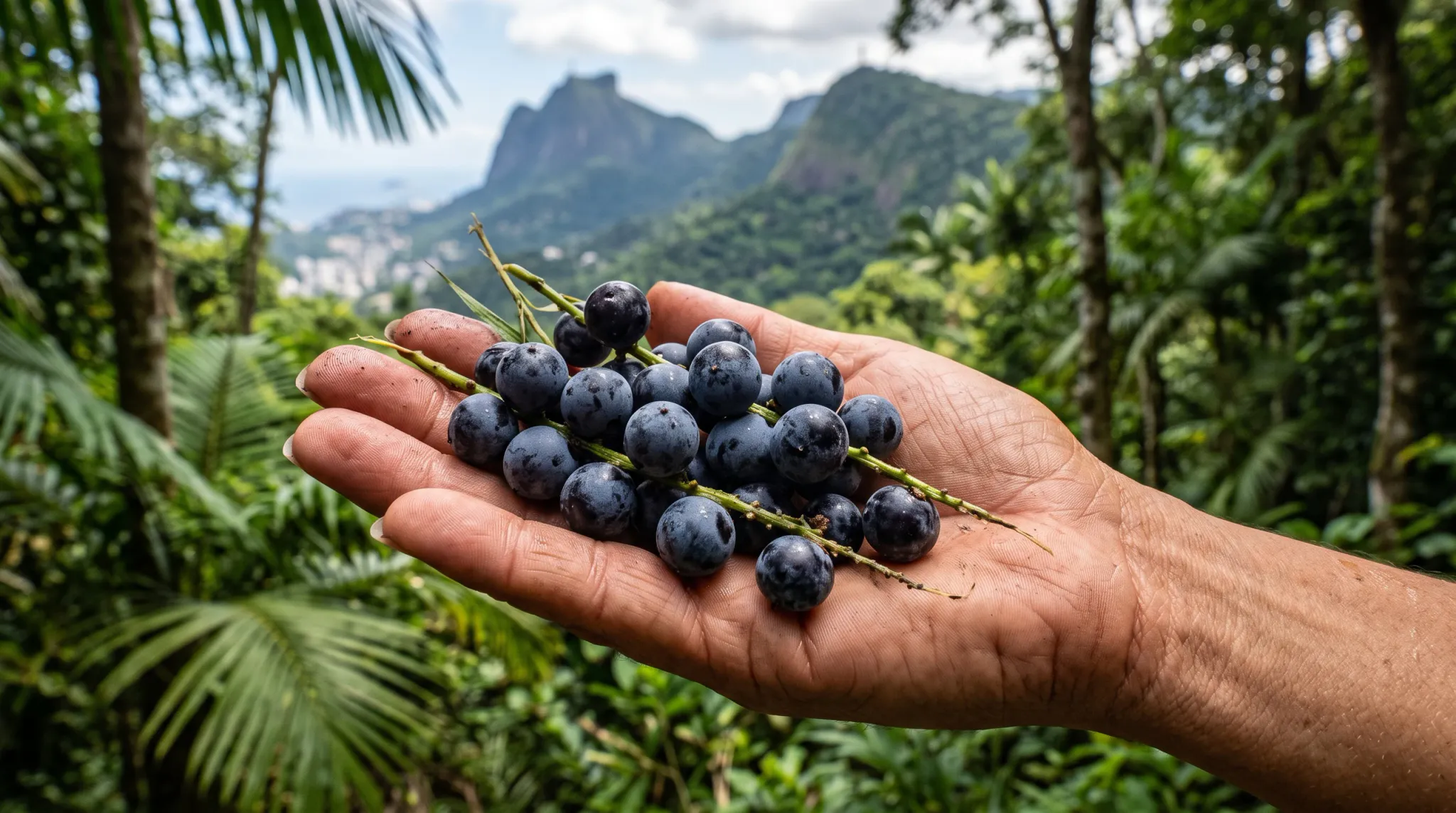 A close-up photograph of an adult person's outstretched open hand holding a cluster of freshly harvested, spherical dark purple-blue açaí berries attached to slender green stems. In the background, a lush tropical rainforest canopy frames a distant vista of granite mountain peaks, including Corcovado overlooking Rio de Janeiro, Brazil, captured under daylight with a shallow depth of field.