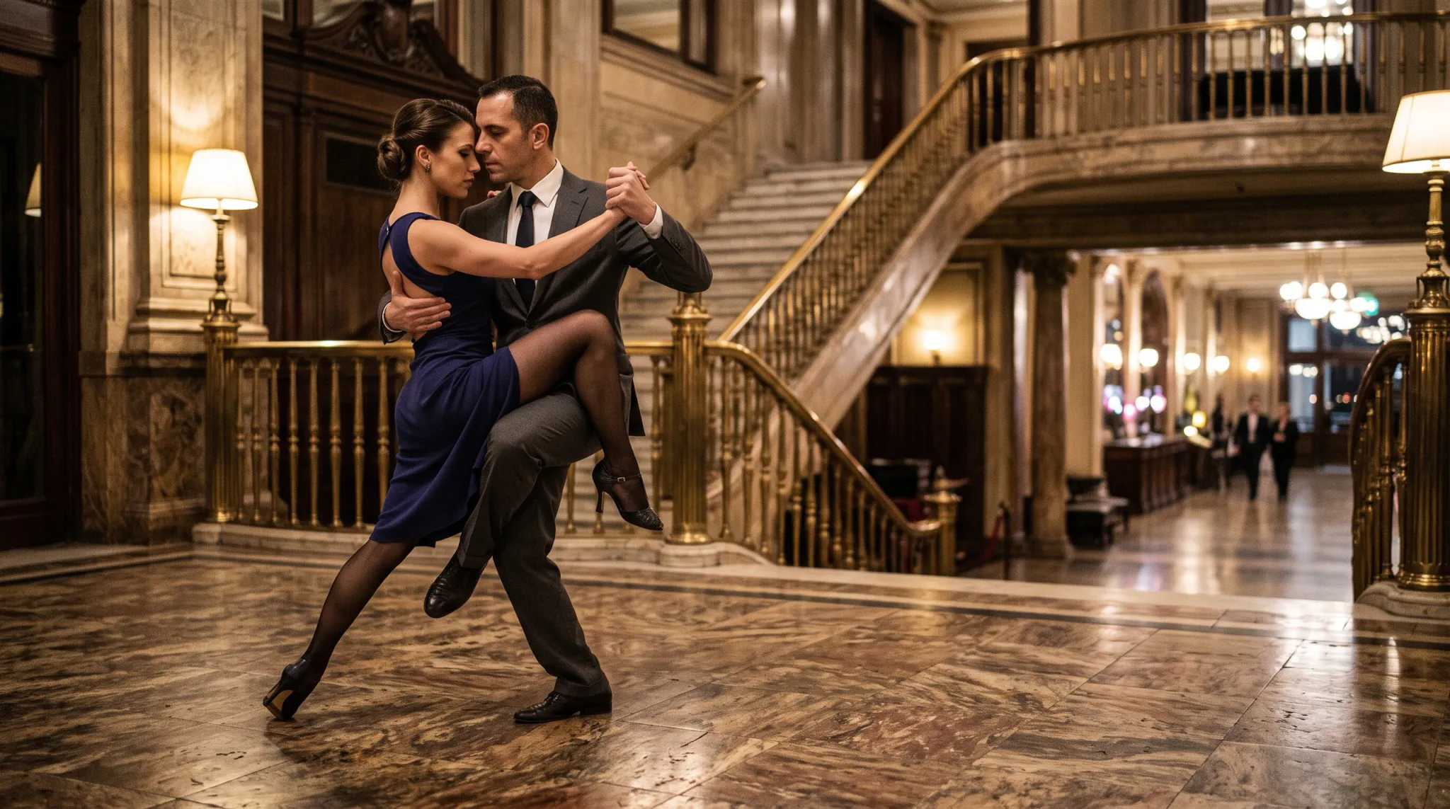 A man and woman perform an expressive tango dance pose in a grand, opulent hall featuring marble floors, ornate balustrades, and a grand staircase in the background.