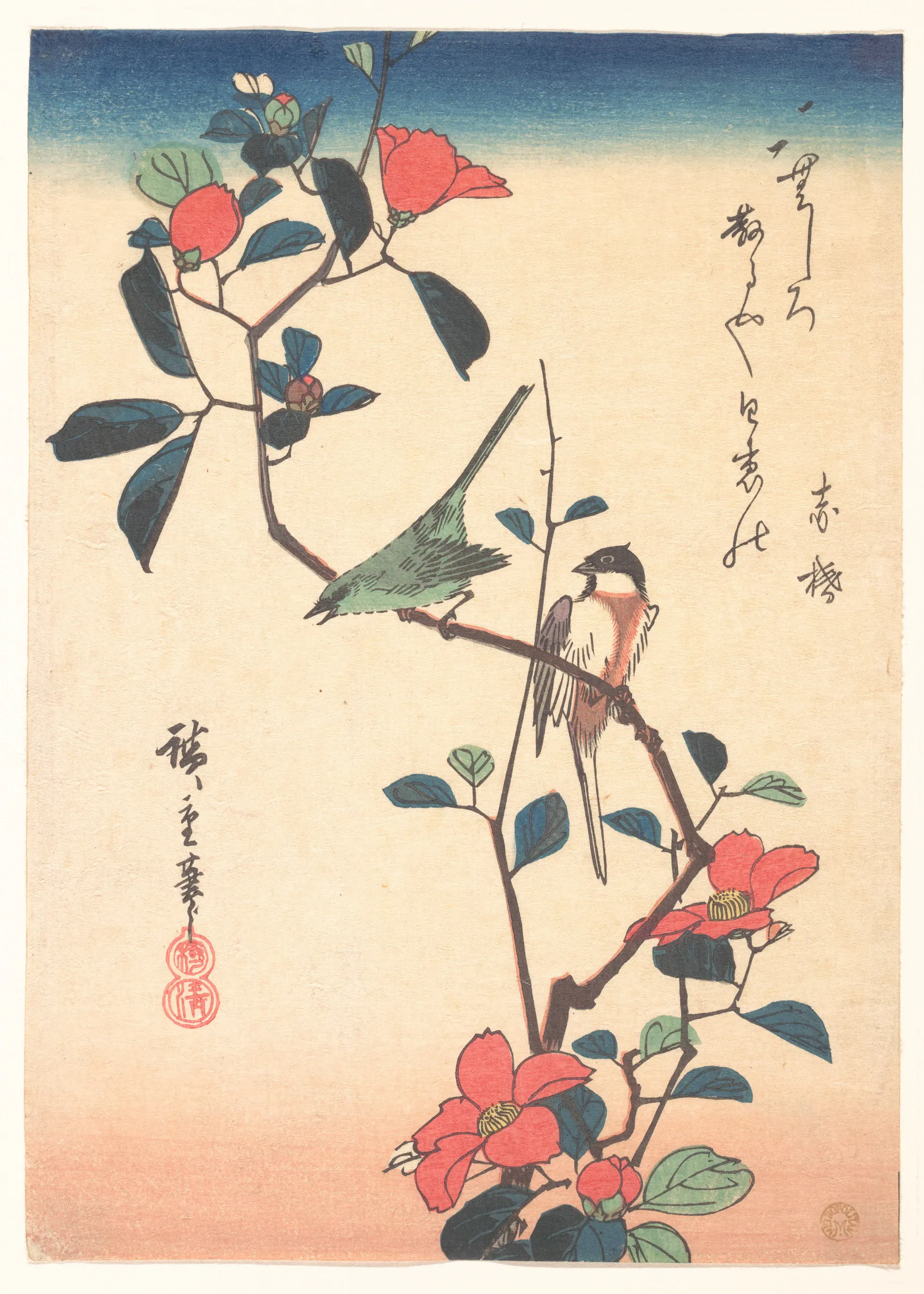 A vertically composed, vintage Japanese-style botanical print shows a small songbird perched on a dark branch amid red camellia flowers, buds, and blue-green leaves. Black calligraphic characters and red seals appear on the cream paper background, with a deep blue-to-pale gradient above.