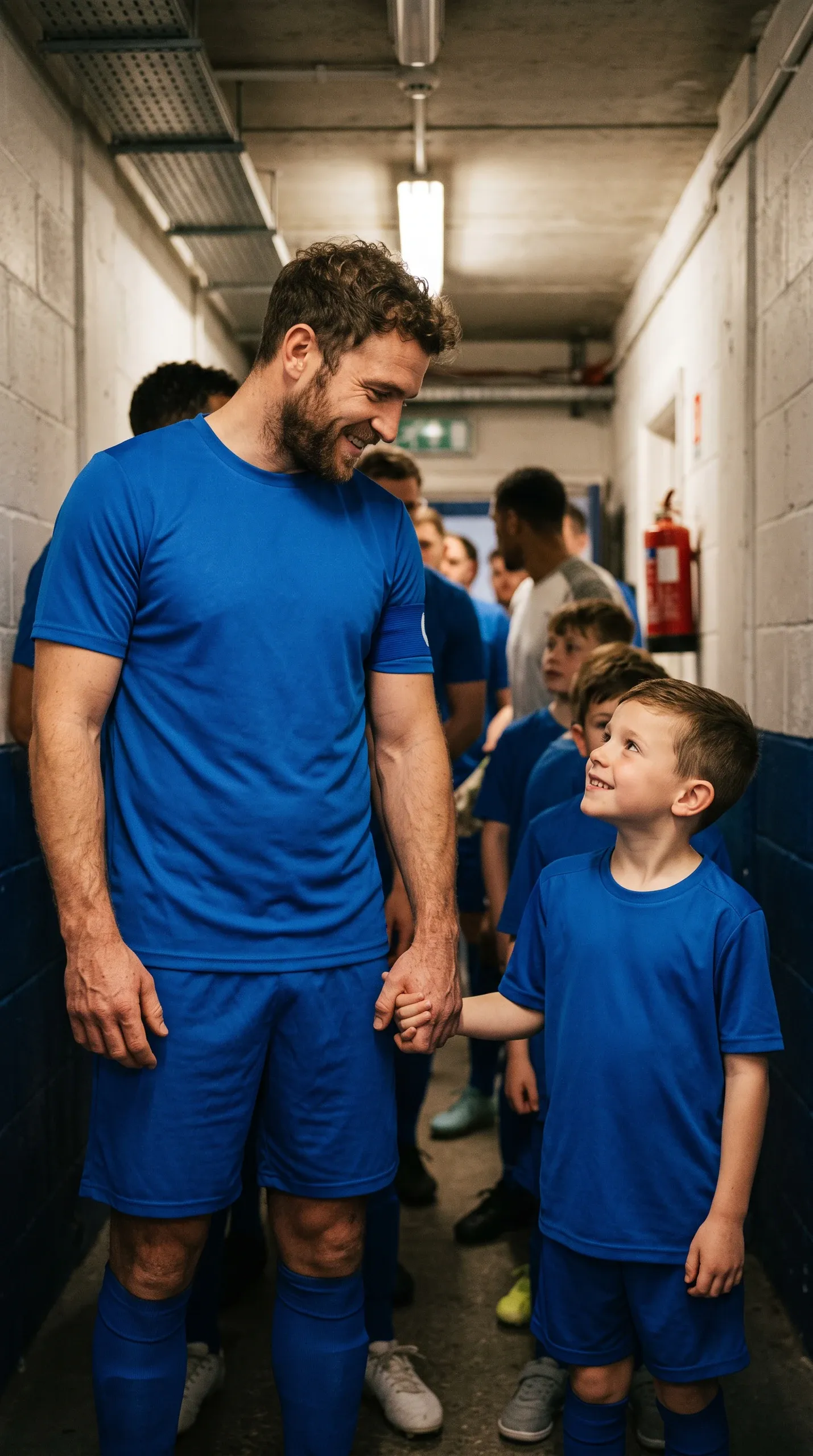 A bearded adult male soccer player in a bright blue kit holds hands and exchanges smiles with a young boy mascot in a matching blue uniform while standing in a stadium corridor before a match.