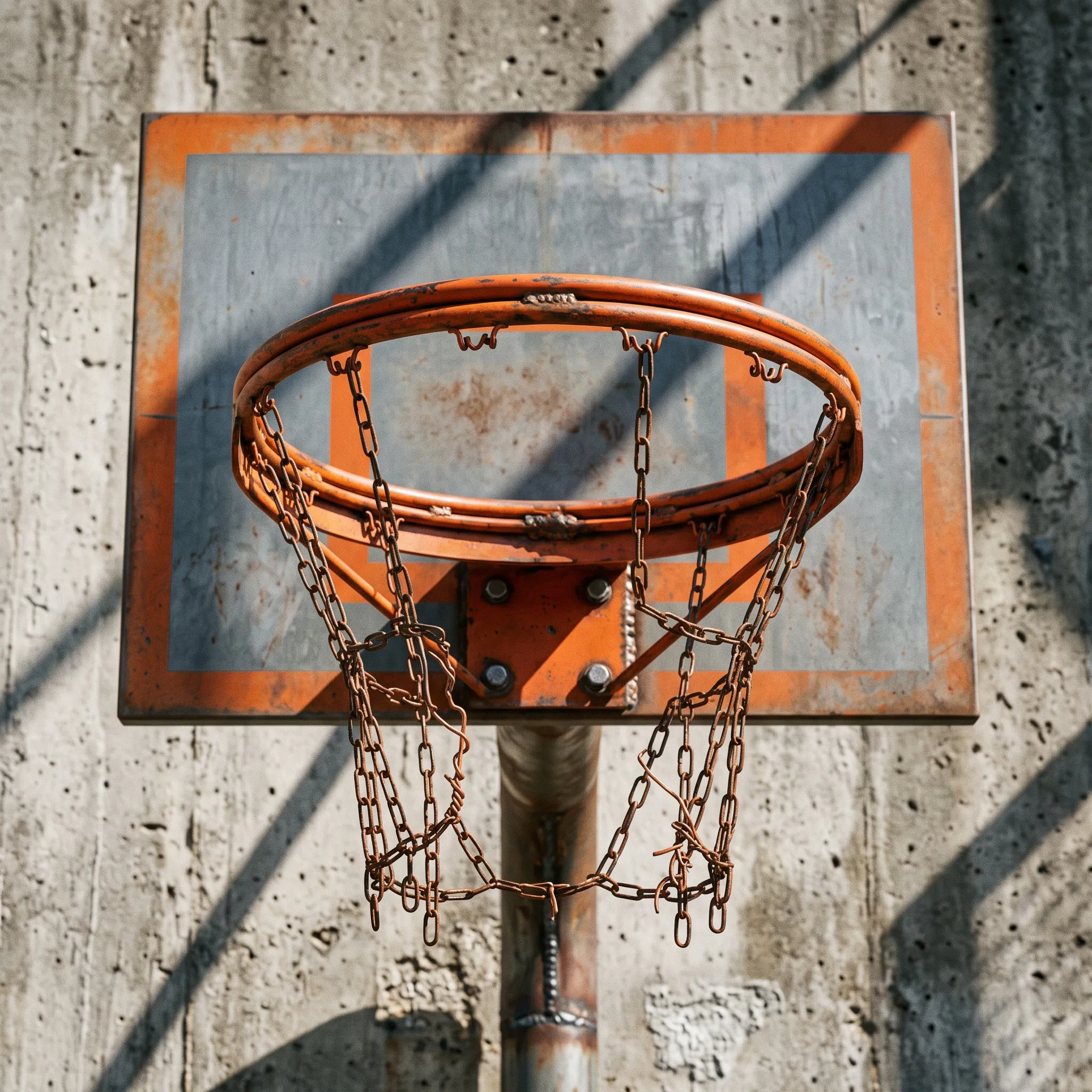 A close-up view of a weathered outdoor basketball hoop with a rusty chain net, mounted in front of a rough concrete wall. Harsh direct sunlight casts distinct diagonal shadows across the gray and orange backboard and the concrete surface behind it.