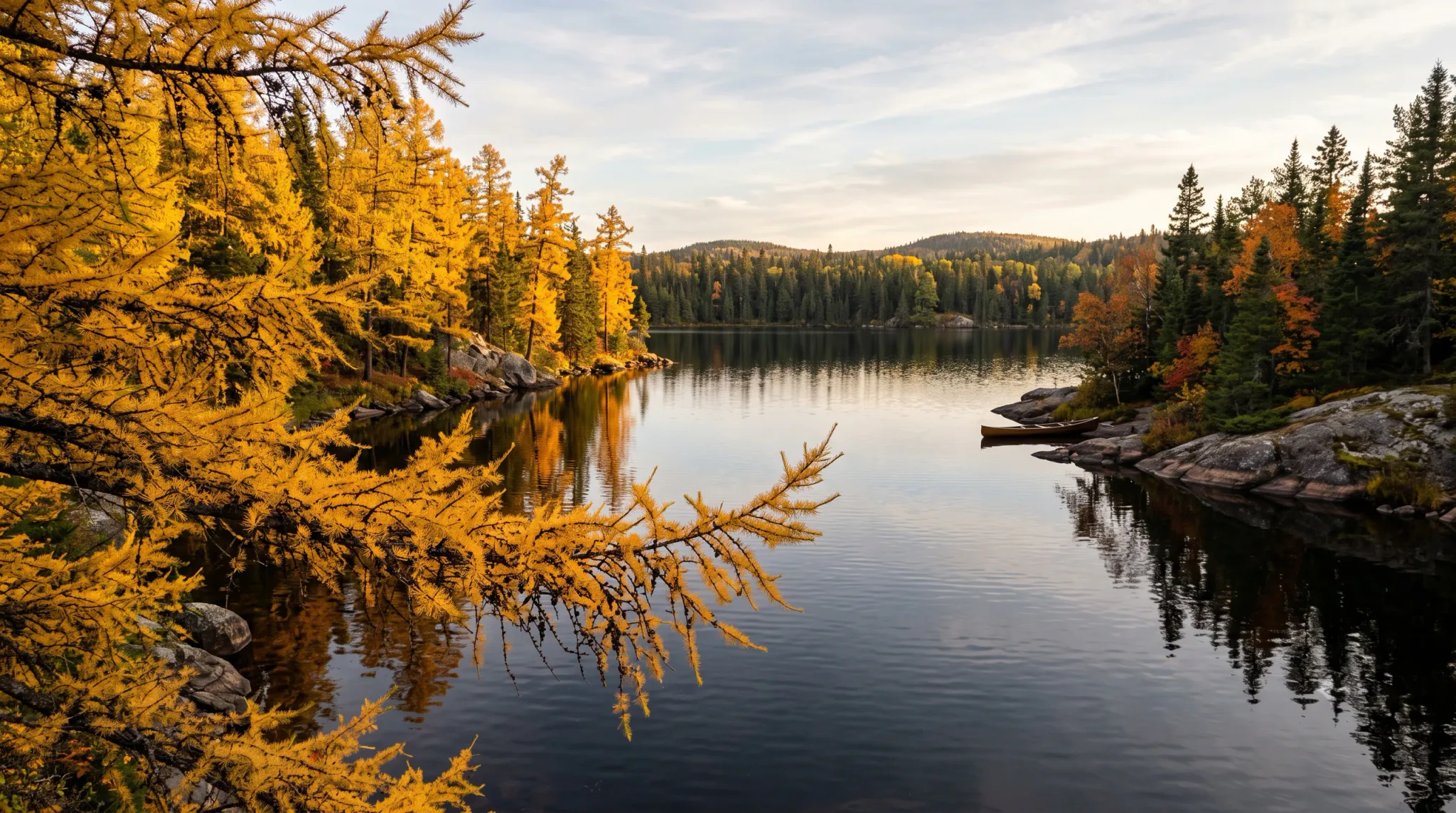 A serene wilderness lake surrounded by vibrant golden larch trees and dense evergreen conifers during autumn. Golden-needled branches frame the view in the foreground, while a small brown canoe rests near smooth rocky shores under a clear, softly lit afternoon sky.