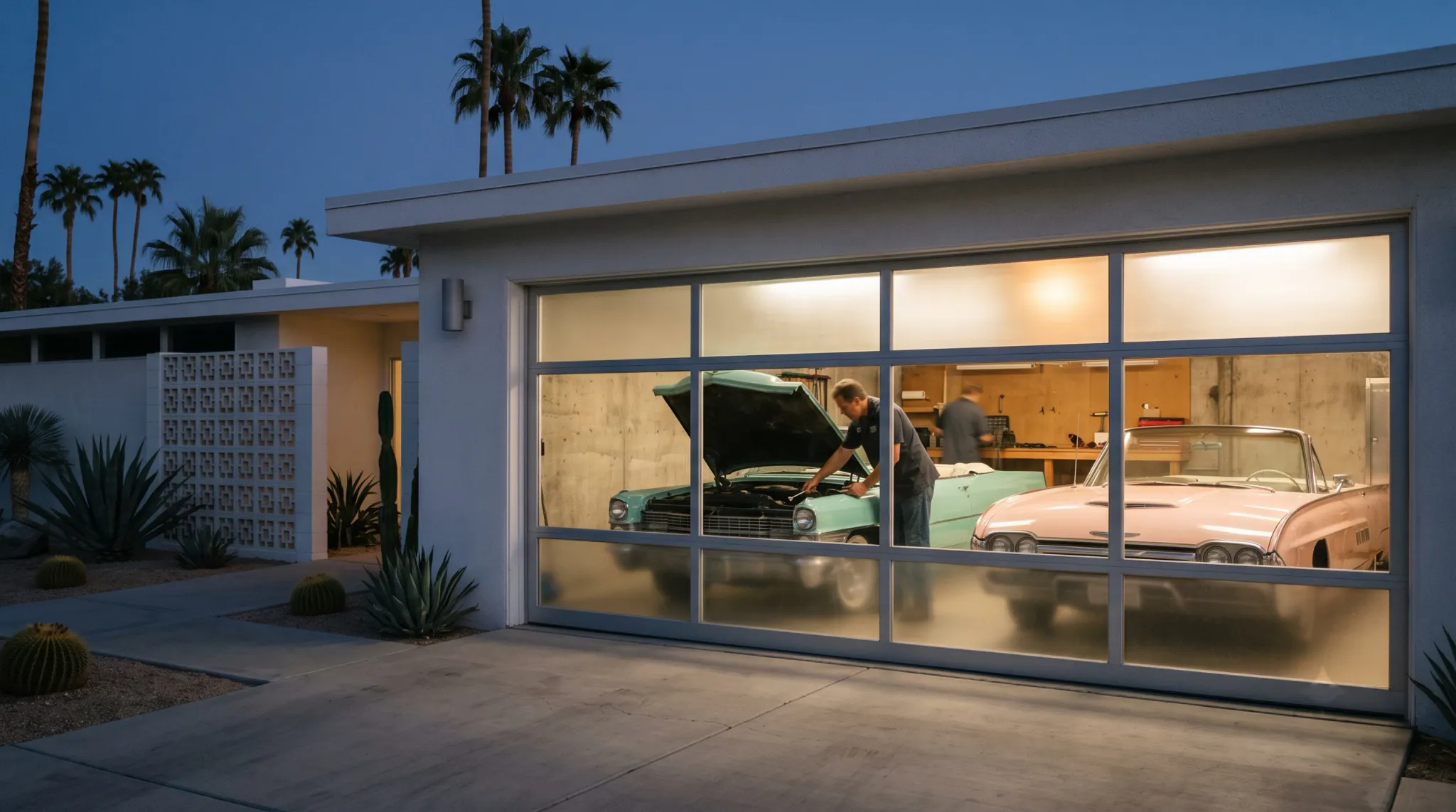 A modern single-story home with a large translucent glass garage door is illuminated at dusk. Inside, two vintage cars—a mint-green convertible with its hood open and a pale pink convertible—are parked beside a workshop area. One person leans over and inspects the green car's engine while another blurred person stands farther inside. Palm trees, agave, and barrel cacti surround the concrete driveway.