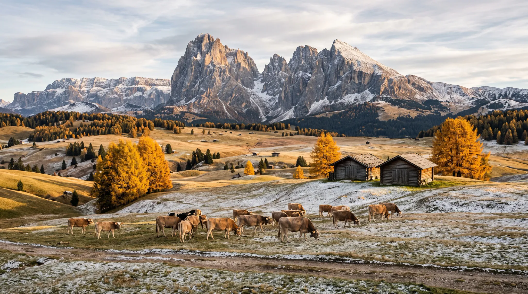 A wide panoramic view of a golden autumn alpine meadow, with a dispersed herd of brown and black-and-white cattle grazing in the foreground. Two rustic wooden log cabins sit among frost-dusted grass and golden trees, backed by a dramatic jagged snow-capped mountain range beneath a partly cloudy sky.