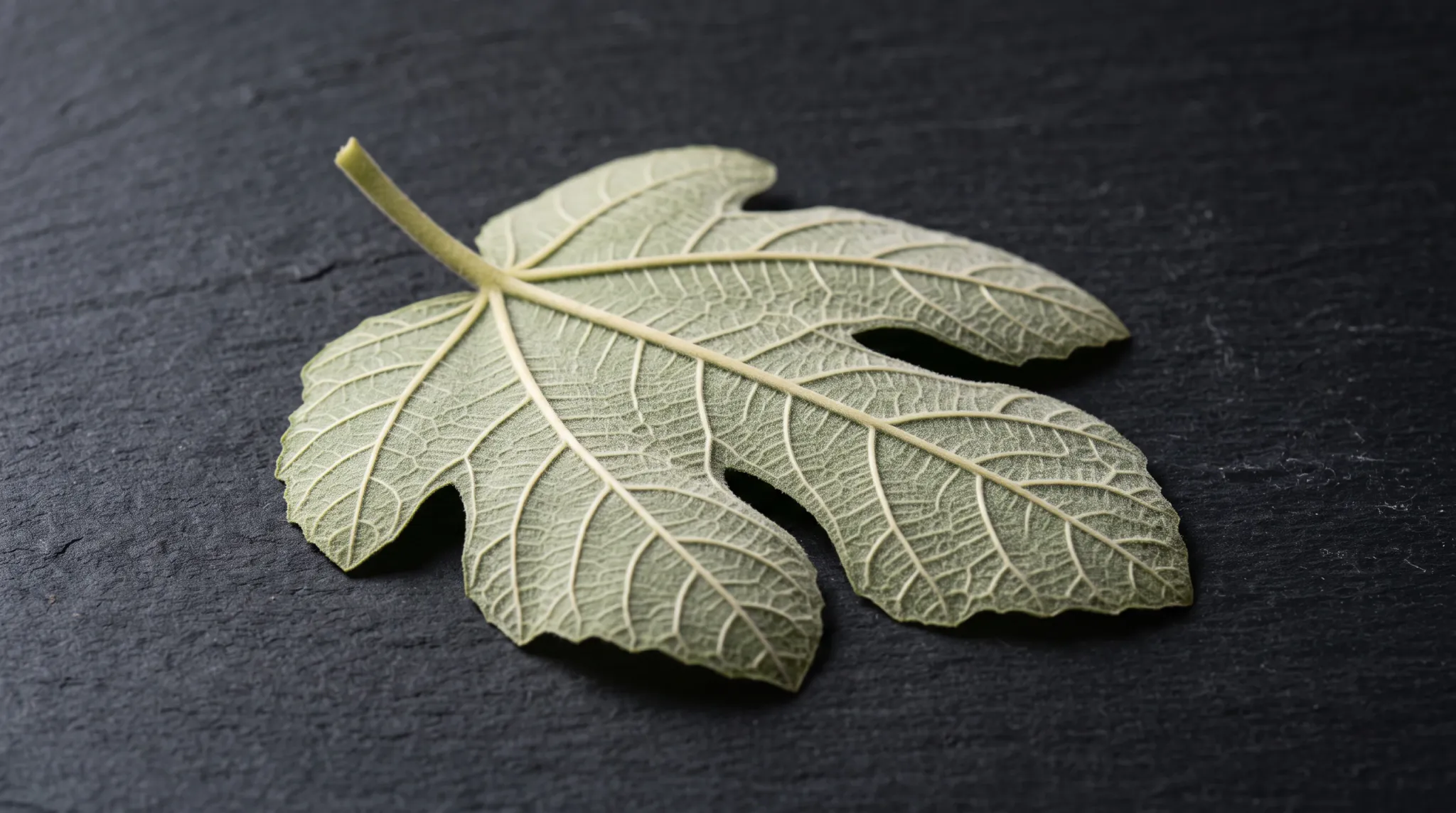 A macro studio photograph showing the pale green underside of a single lobed fig leaf resting flat on a dark, textured slate stone surface. The intricate pale venation network and petiole are sharply captured against the dark cleft slate.