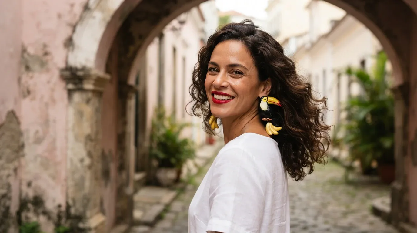 A waist-up portrait of a cheerful woman with voluminous wavy dark brown hair and bold red lipstick, smiling broadly at the camera while glancing over her shoulder. She wears a plain white short-sleeved top and prominent novelty toucan statement earrings featuring dangling yellow bananas. She is positioned outdoors beneath an aged masonry archway looking out onto a cobblestone alleyway lined with historic buildings and potted greenery.