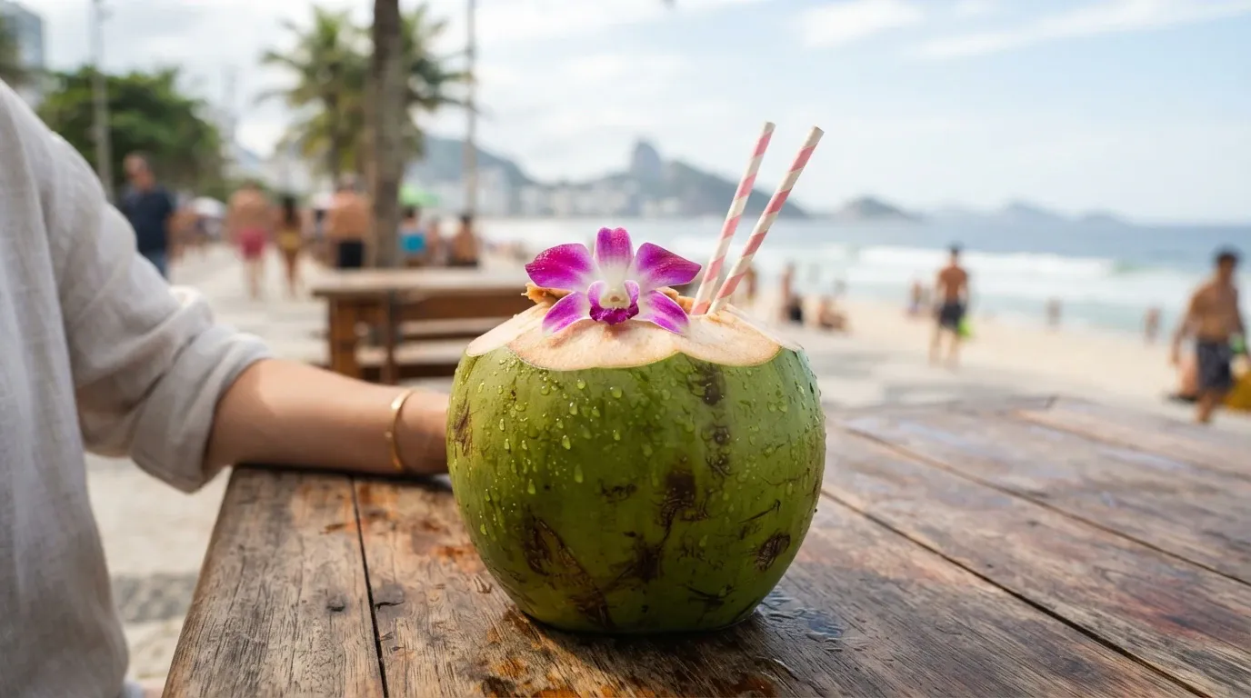 A whole fresh green coconut cut open and served with two pink-and-white striped straws and a purple orchid blossom sits on a rustic wooden table overlooking a sunny ocean beach with palm trees and coastal mountains in the background.