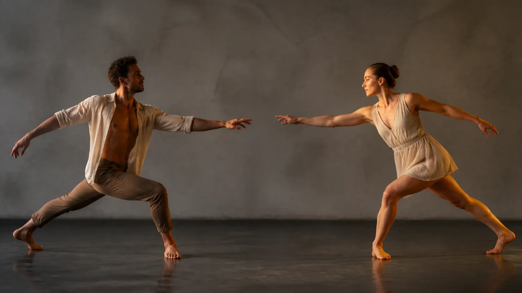 A male and female contemporary dancer perform dynamic lunges while reaching their arms and hands toward one another across a minimalist studio with warm side lighting.