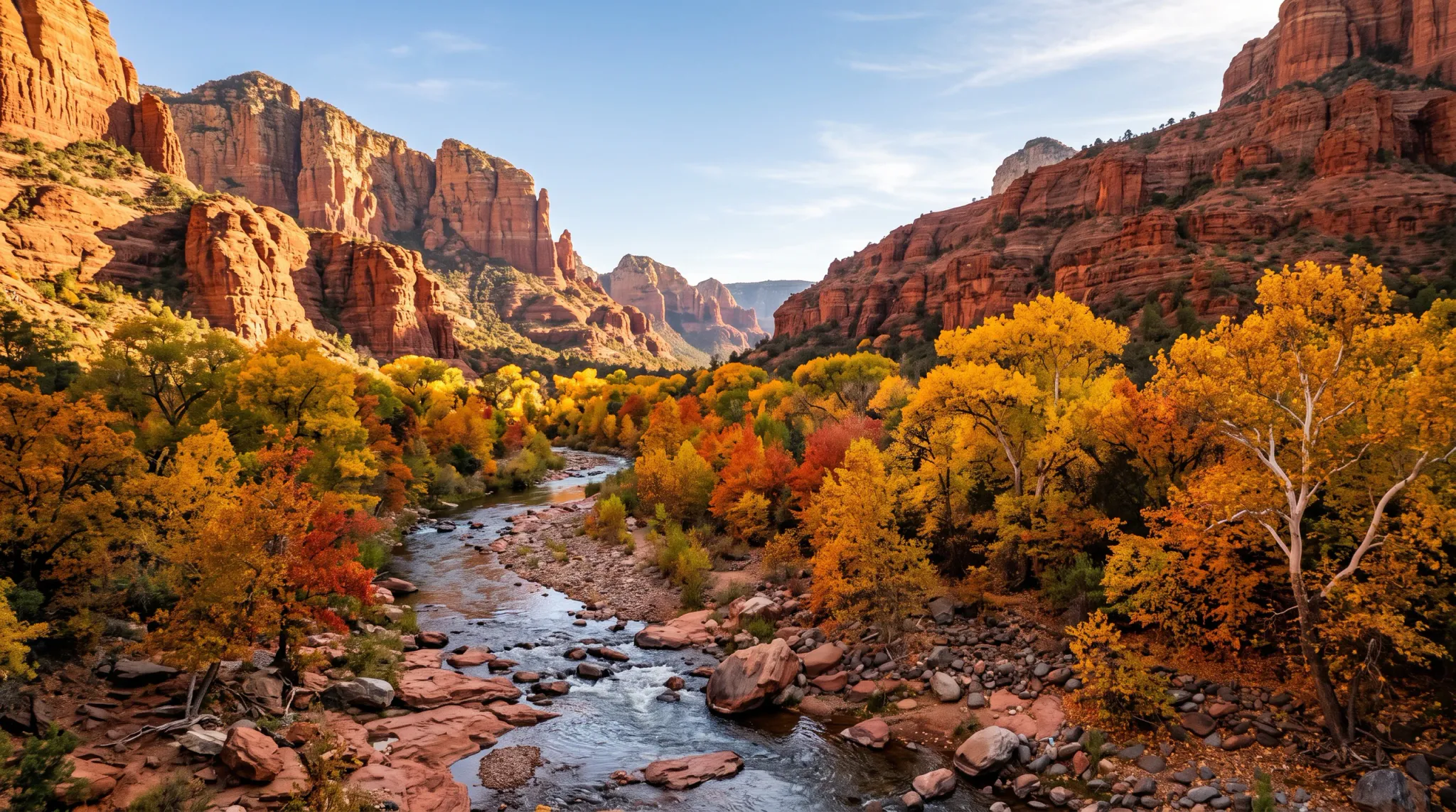 A wide landscape view of a rugged orange-red canyon surrounding a shallow winding river, with dense golden, orange, green, and red autumn trees along the rocky riverbed under a bright blue sky.
