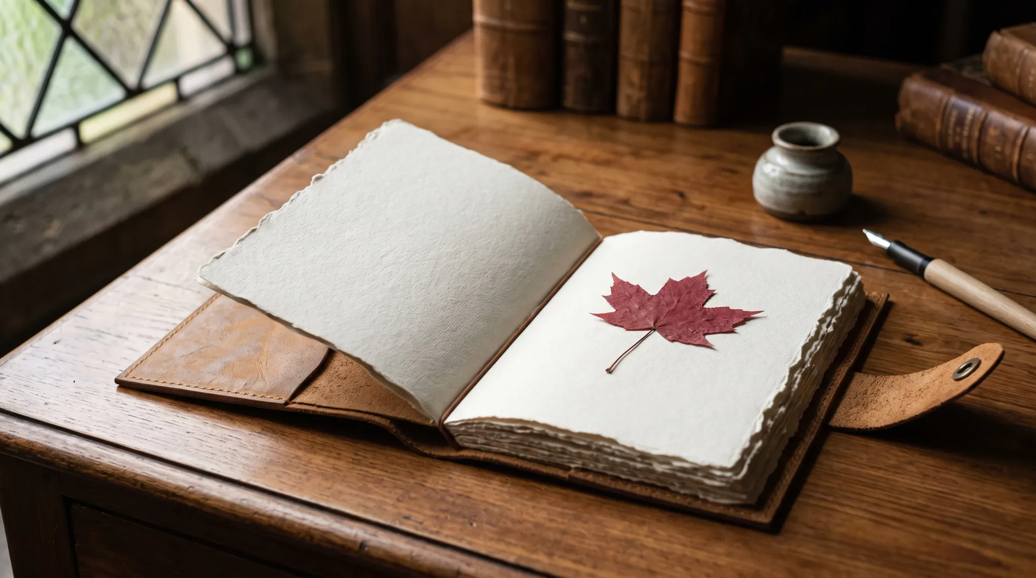 An open cream-colored, deckle-edged sketchbook rests on a warm wooden desk, with a red maple leaf placed across the blank right-hand page. A dark pen lies nearby, while a ceramic vase, upright books, stacked books, and a leaded window create a quiet indoor study atmosphere.