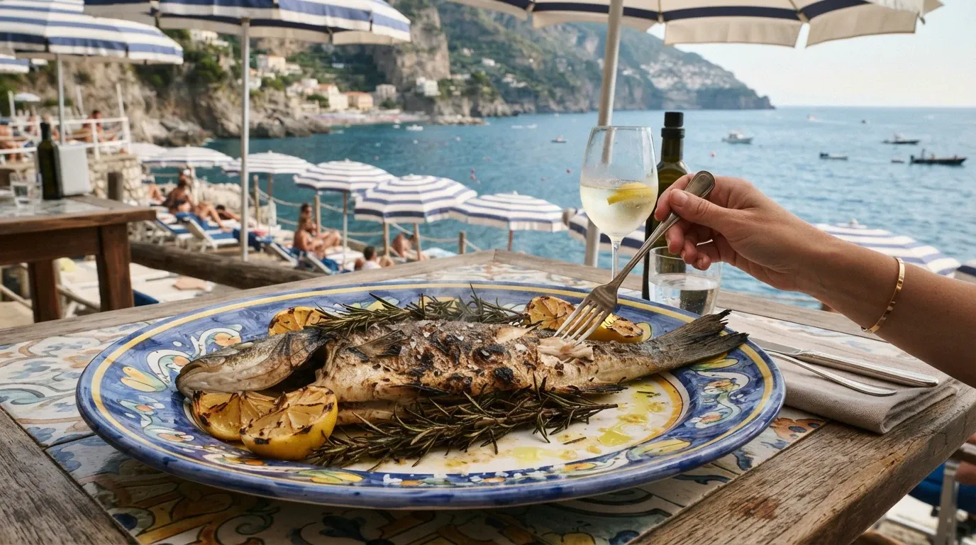 A grilled whole fish with lemon and rosemary is served on a colorful ceramic platter at an outdoor seaside table. A hand wearing a gold-toned bracelet holds a fork over the fish. White wine sits in a wine glass beside a wine bottle, with striped beach umbrellas, sun loungers, rocky cliffs, calm blue water, boats, and partially visible beachgoers in the background.