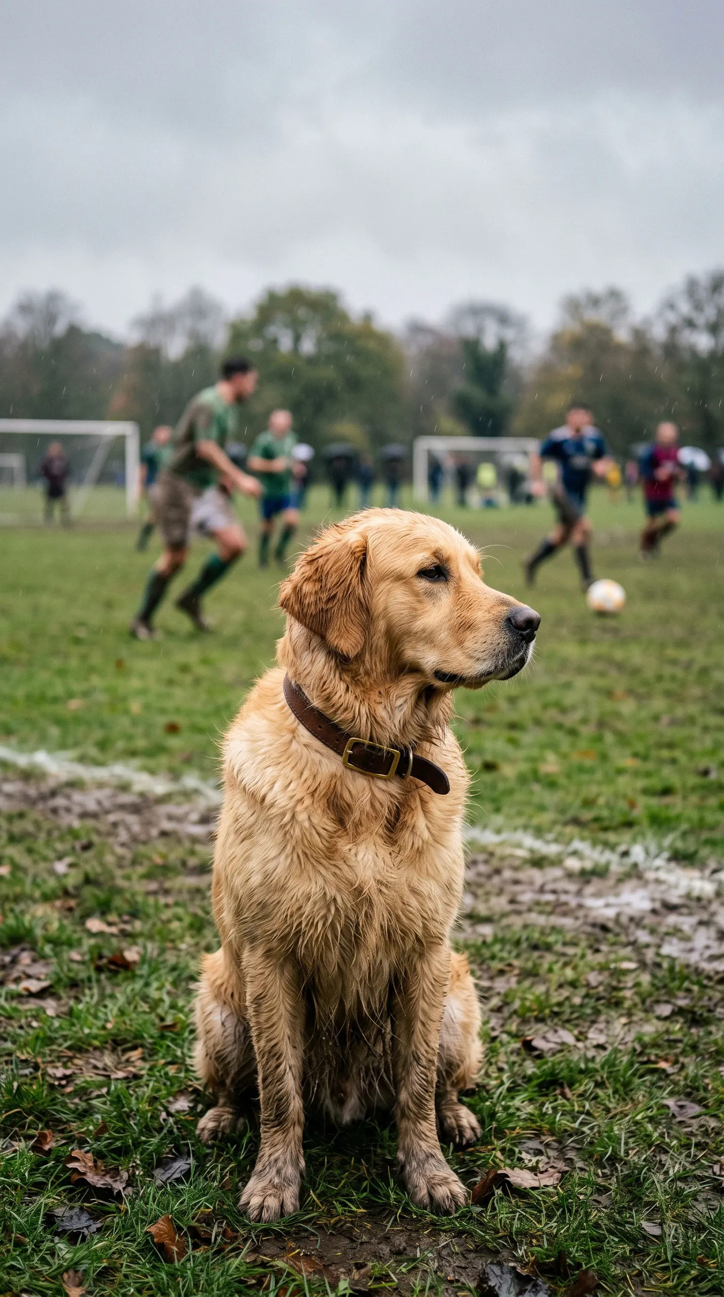A wet, slightly muddy Golden Retriever sits in the foreground of a grassy field, looking to the right. The dog wears a brown leather collar. In the background, out of focus, a group of people is playing soccer on the field under overcast, slightly rainy conditions. A soccer goal is visible in the distance.