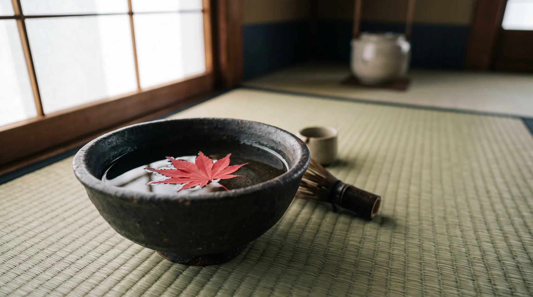 A serene still life in a traditional Japanese tea room setting, featuring a rustic dark ceramic tea bowl filled with water on a woven tatami mat. Floating inside the bowl is a single vibrant red Japanese maple leaf. Beside the bowl rests a bamboo tea whisk (chasen) and a small ceramic cup, with soft natural light streaming through a shoji paper screen window to the left.