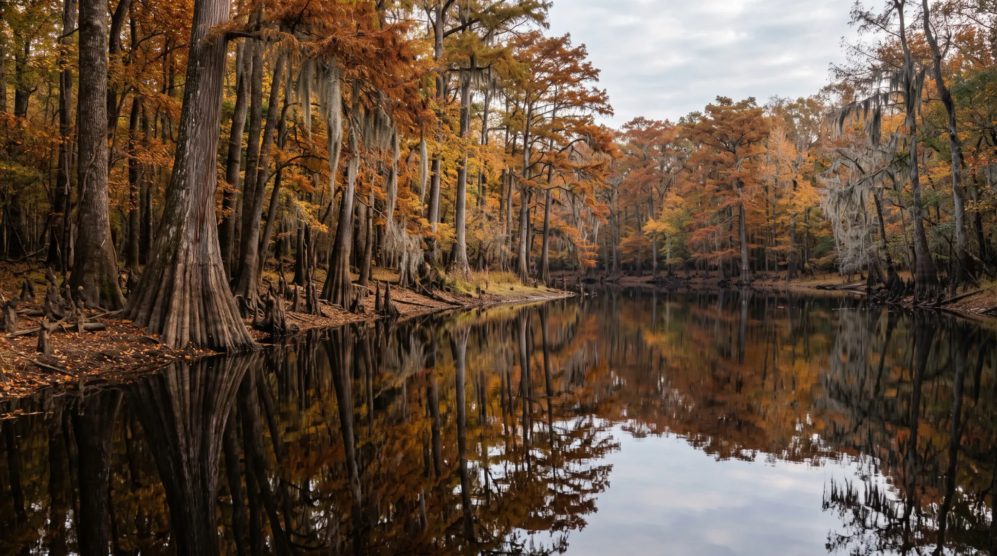 A tranquil, densely wooded wetland in autumn, dominated by tall bald cypress trees draped with Spanish moss. Orange, rust, and golden foliage surrounds a narrow, glassy waterway that mirrors the trees, moss, and muted sky. Exposed cypress knees and leaf-covered soil line the banks; no people or structures are visible.